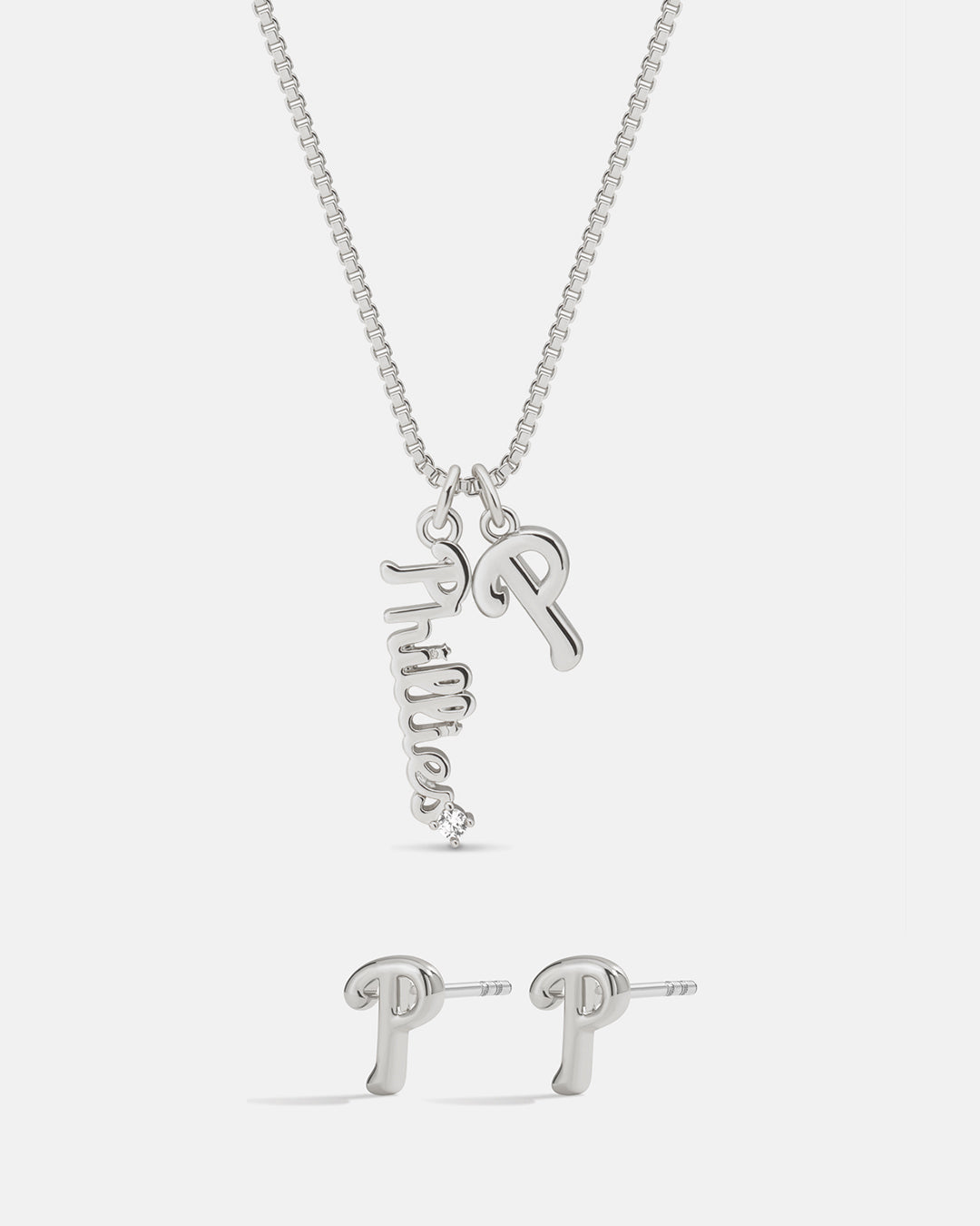 Bijoux MLB Logo Studs & Layered Nameplate Necklace Bundle - Silver — set view