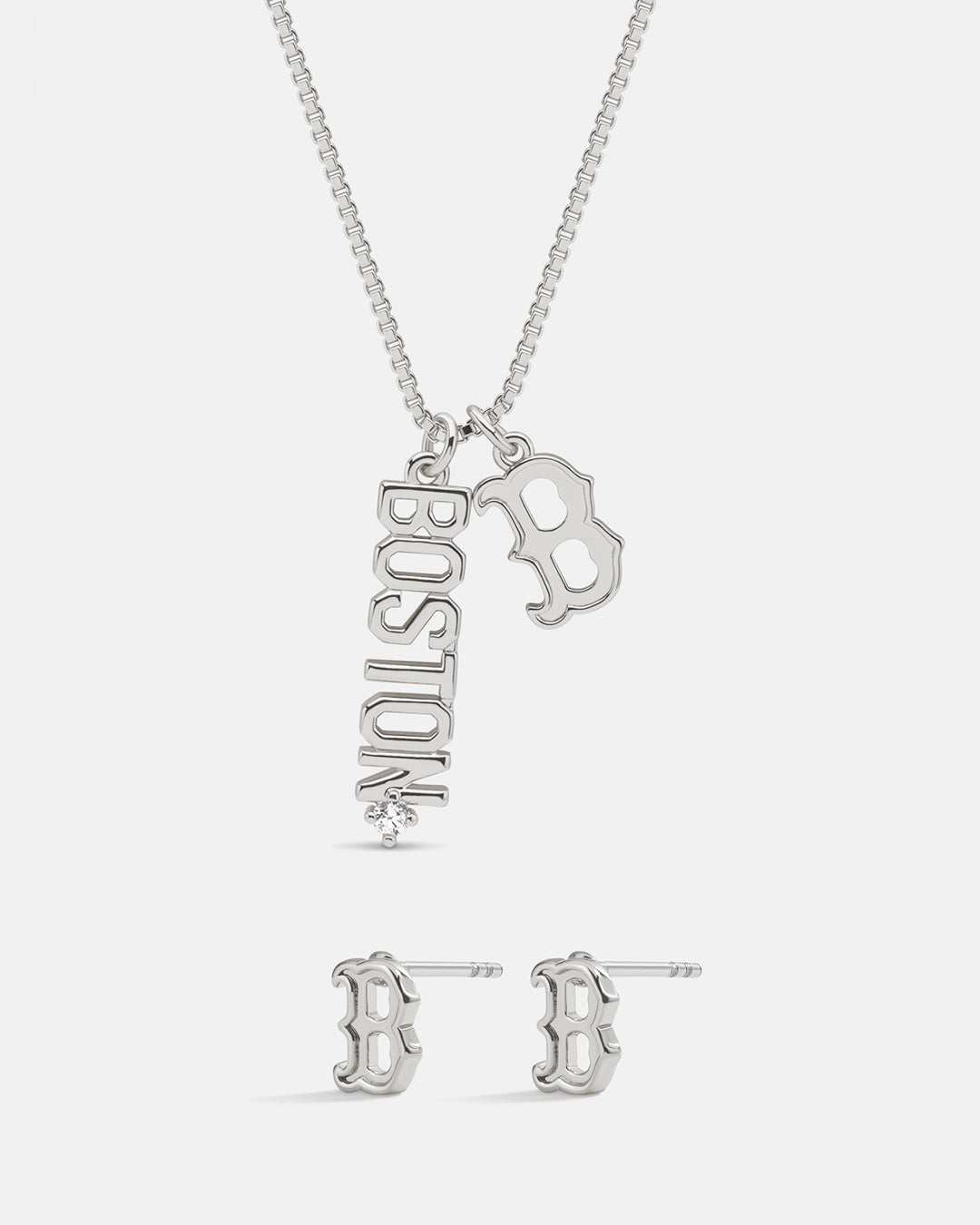 Bijoux MLB Logo Studs & Layered Nameplate Necklace Bundle - Silver — set view