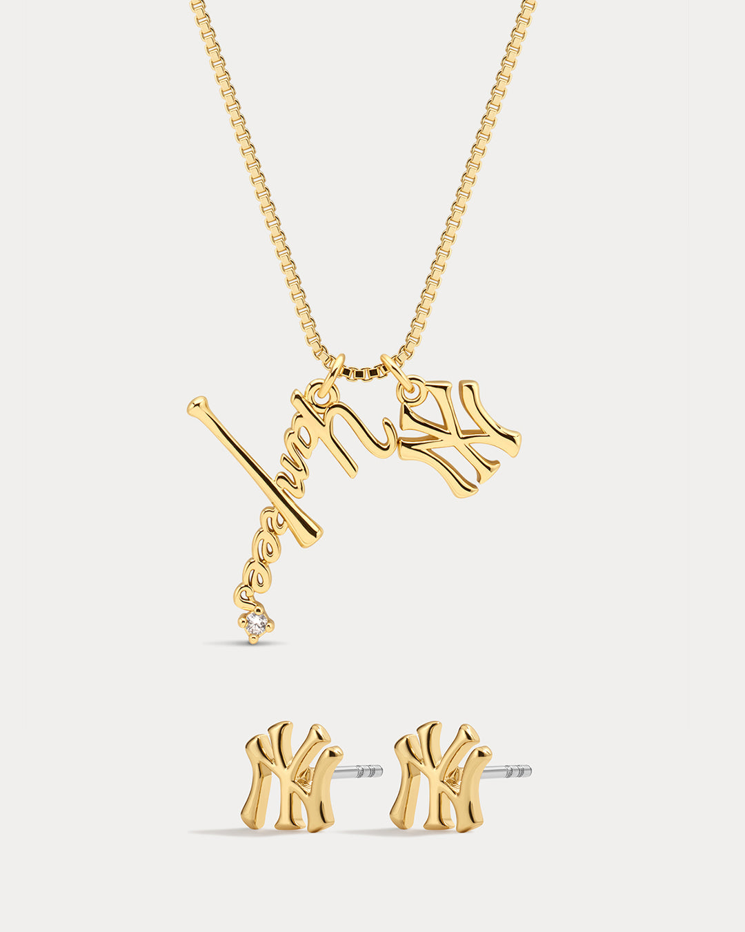 Bijoux MLB Logo Studs & Layered Nameplate Necklace Bundle - Gold — set view