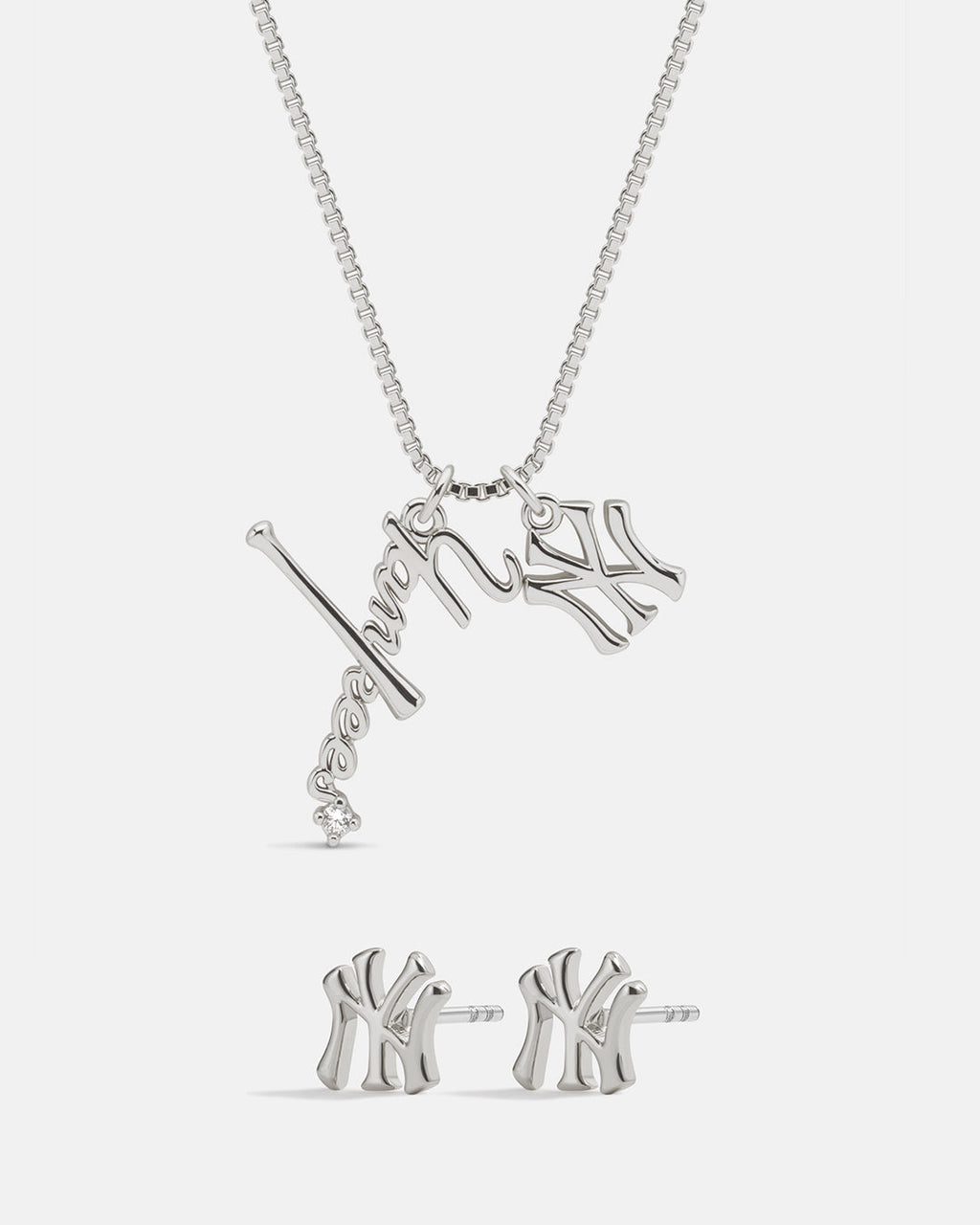 Bijoux MLB Logo Studs & Layered Nameplate Necklace Bundle - Silver — set view