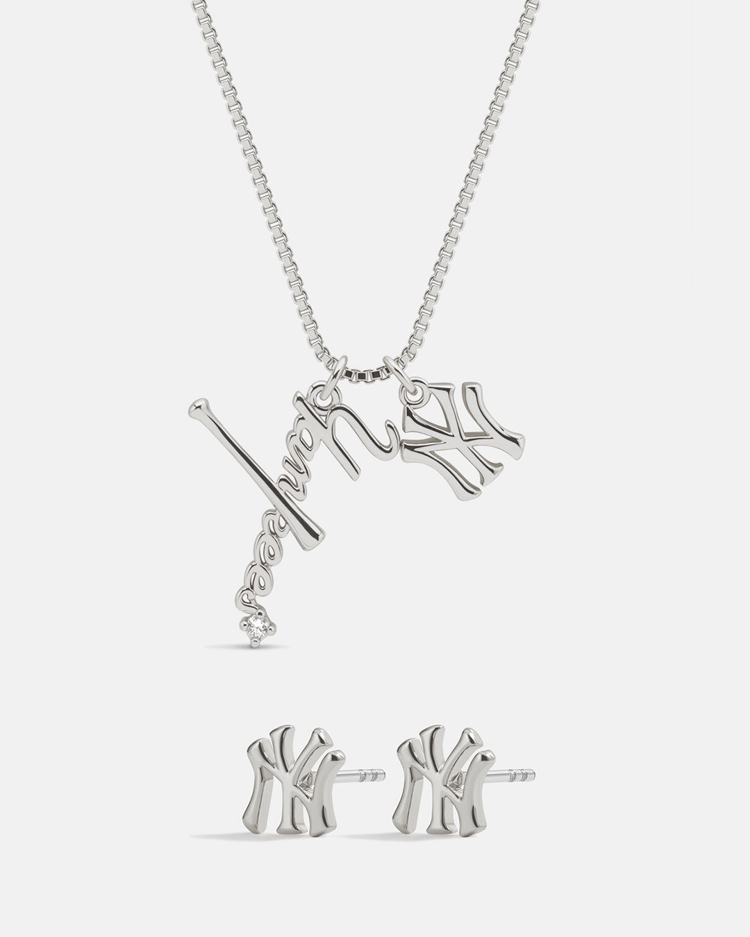 Bijoux MLB Logo Studs & Layered Nameplate Necklace Bundle - Silver — set view