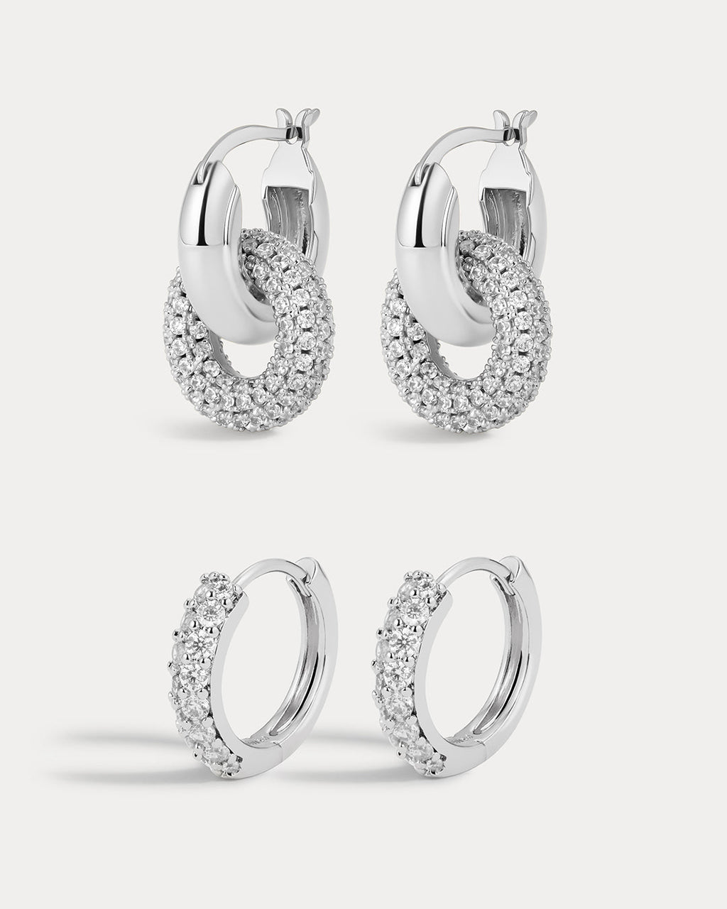 Baby Pave Huggies & Pave Interlock Hoops - Silver — set view