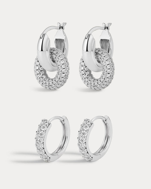 Baby Pave Huggies & Pave Interlock Hoops - Silver — set view