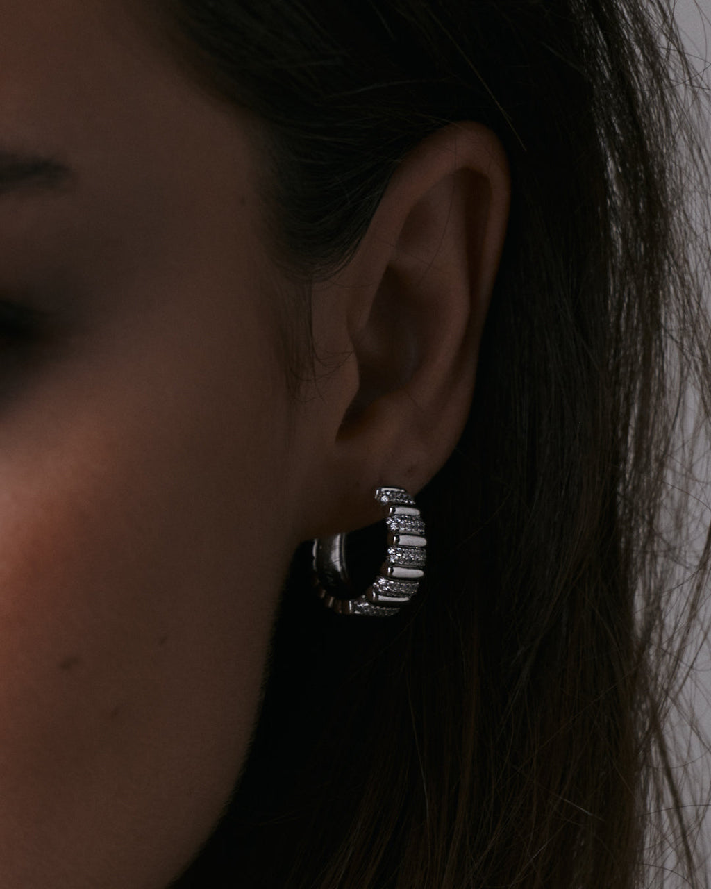 Pavé Marbella Ridged Hoops - Gold in Silver — another angle