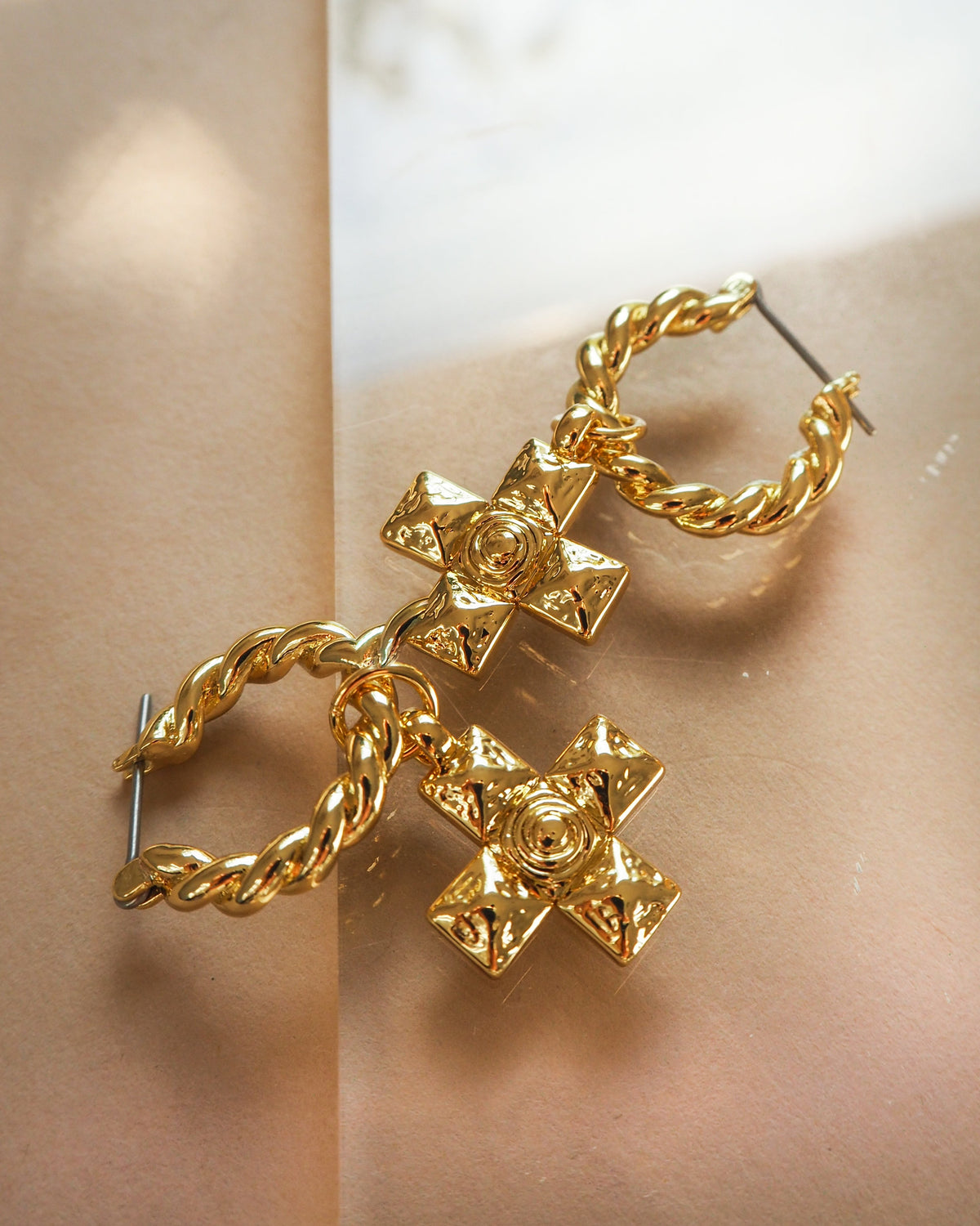 Molten Cross Twisted Hoops - Silver — detail view