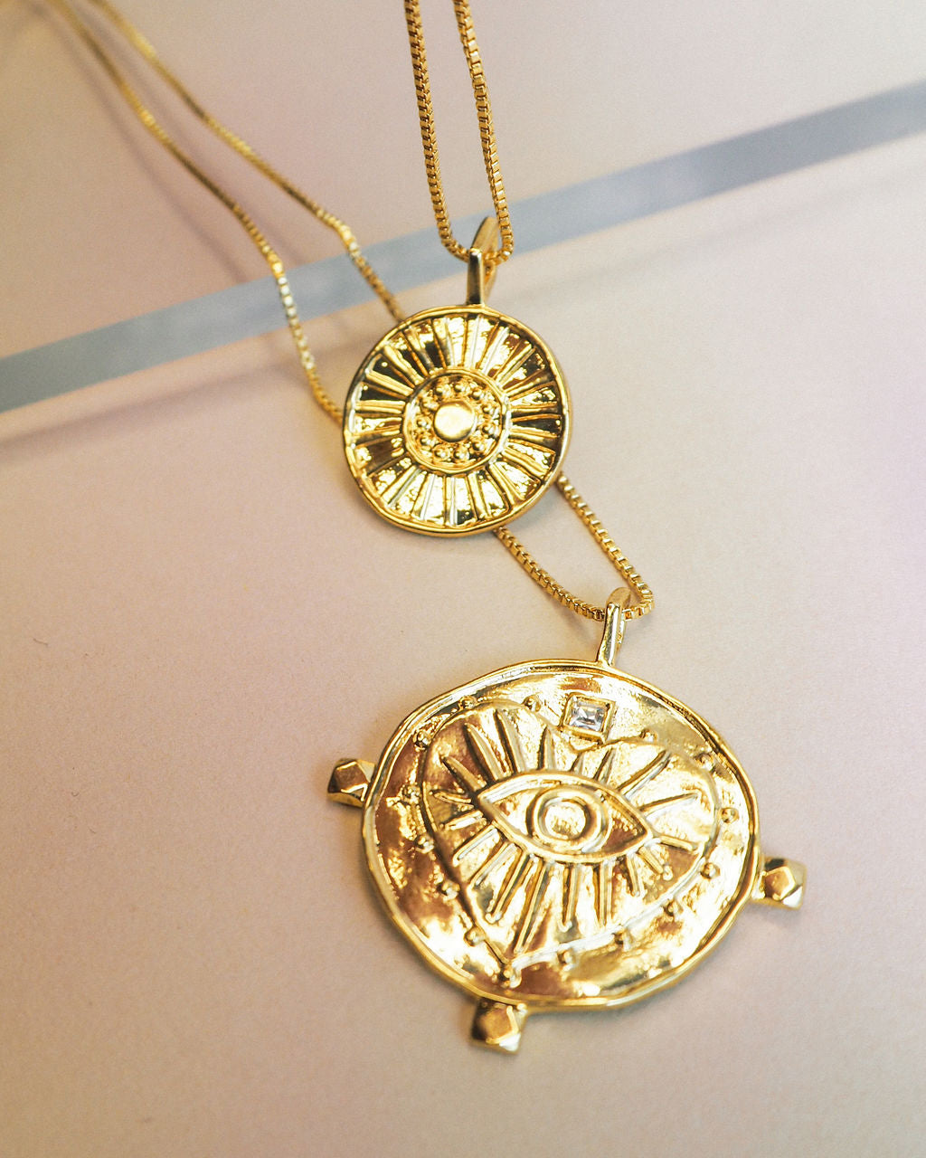 Evil Eye Double Coin Necklace - Gold — detail view