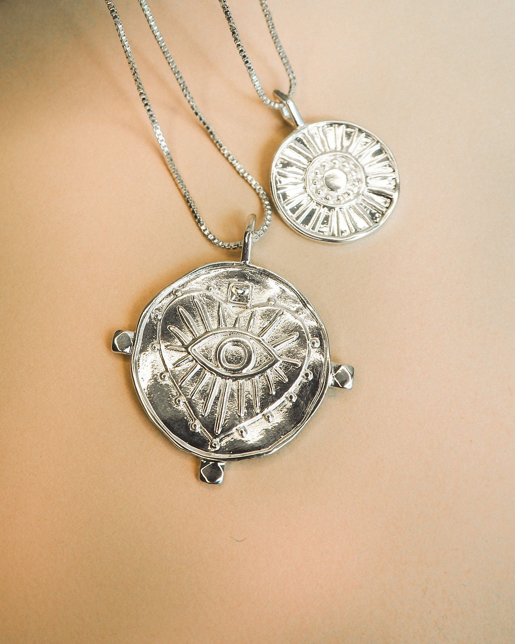 Evil Eye Double Coin Necklace - Silver — alternate view