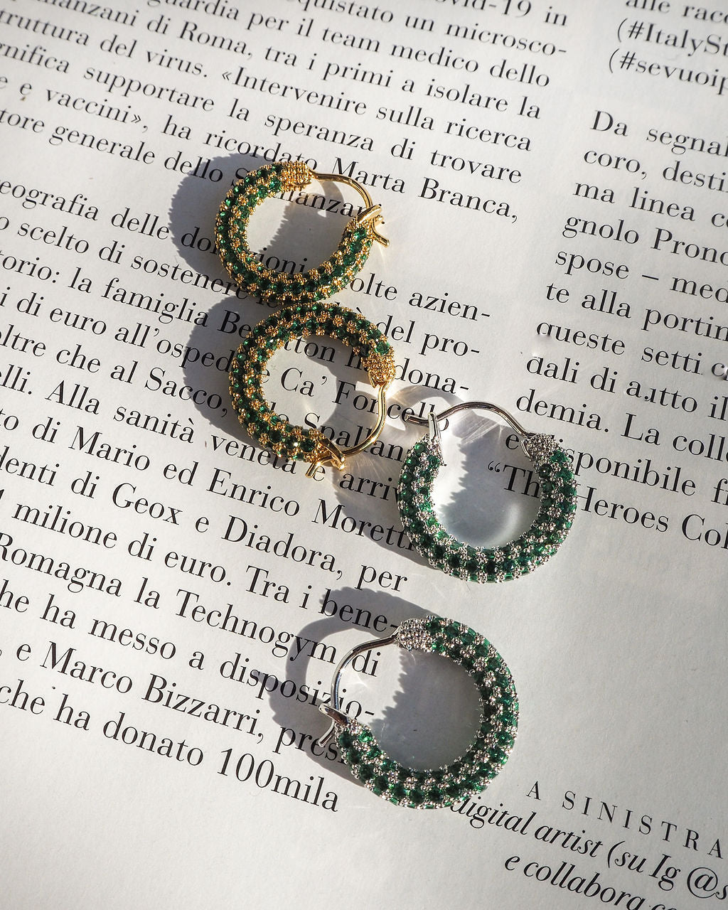 Pavé Amalfi Huggies - Emerald Green - Silver - Hoops — alternate angle