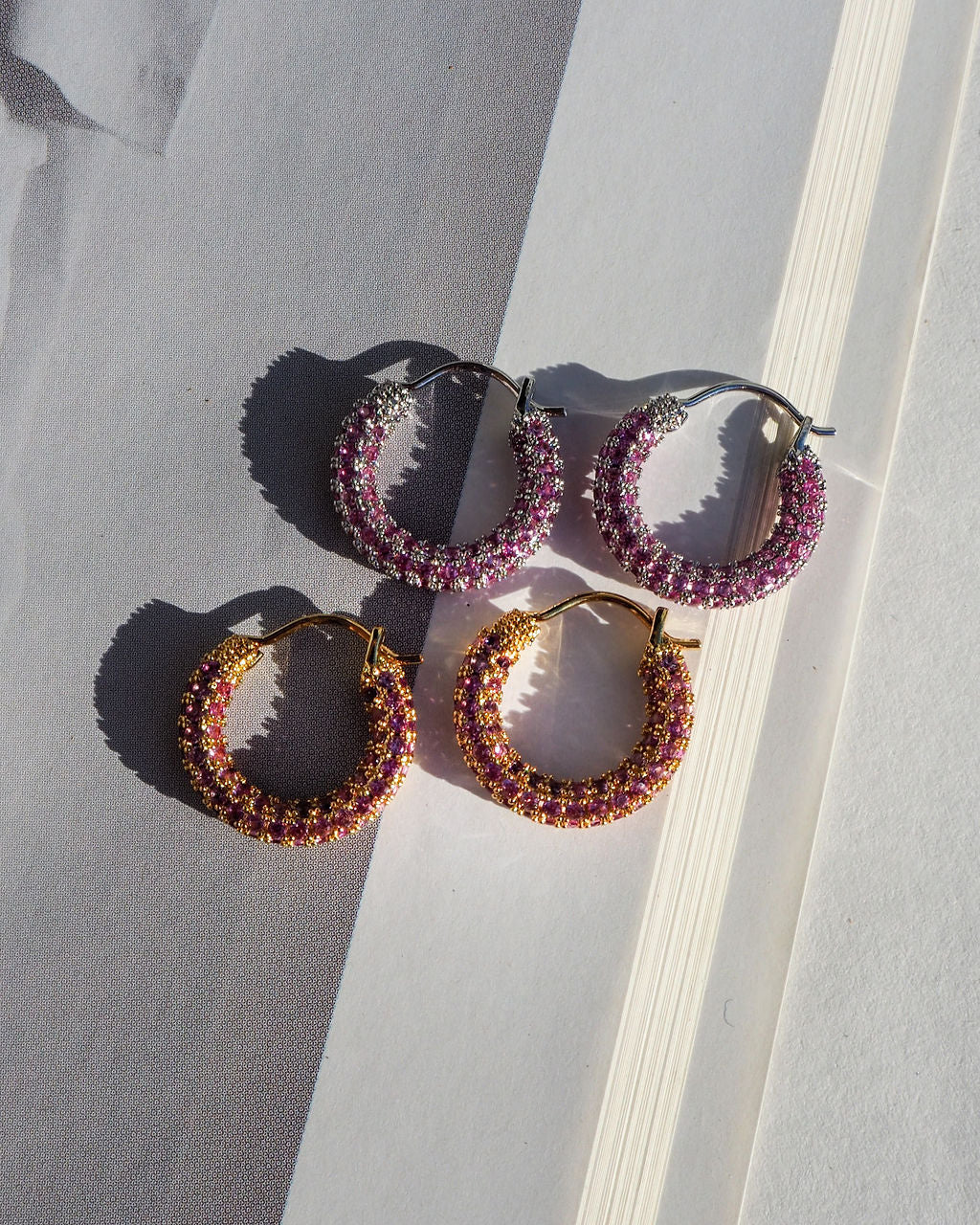 Pavé Amalfi Huggies - Pink - Silver - Hoops — detail view