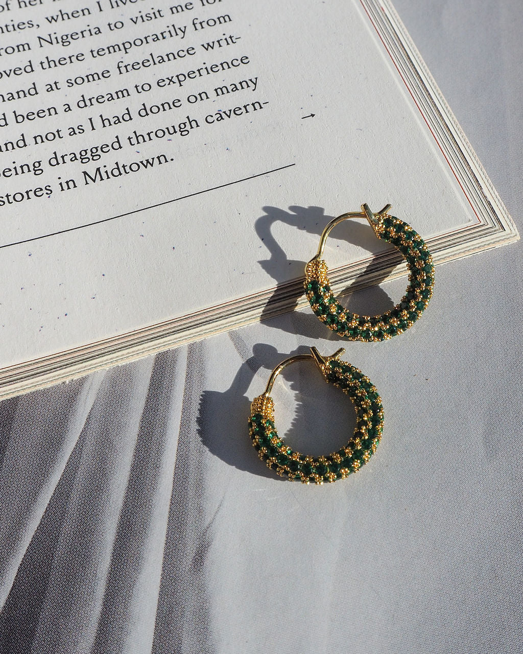 Pavé Amalfi Huggies - Emerald Green - Silver - Hoops — detail view