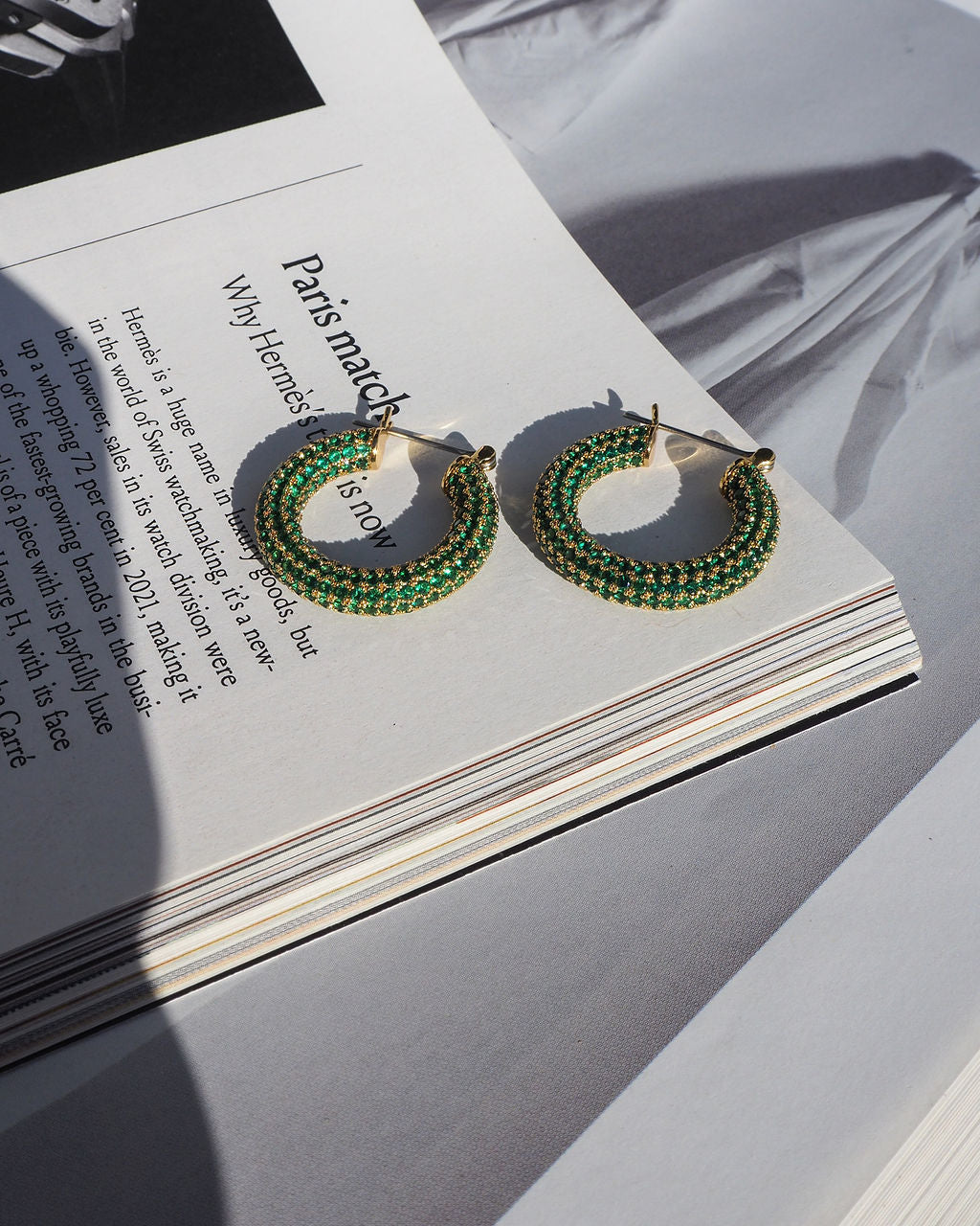Pavé Baby Amalfi Hoops - Emerald Green - Silver — detail view
