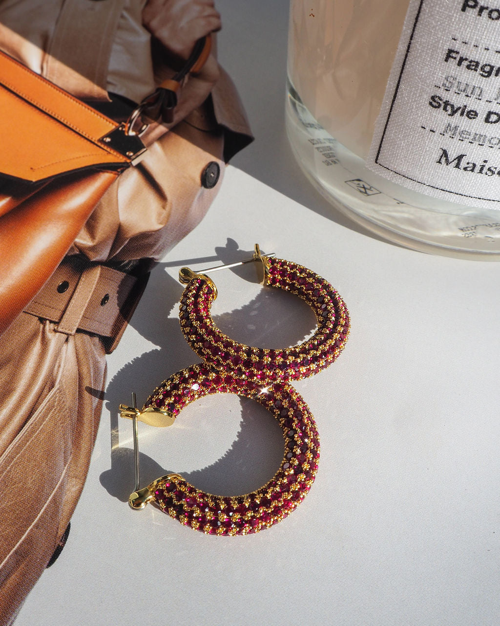 Pavé Baby Amalfi Hoops - Ruby Red - Silver — detail view