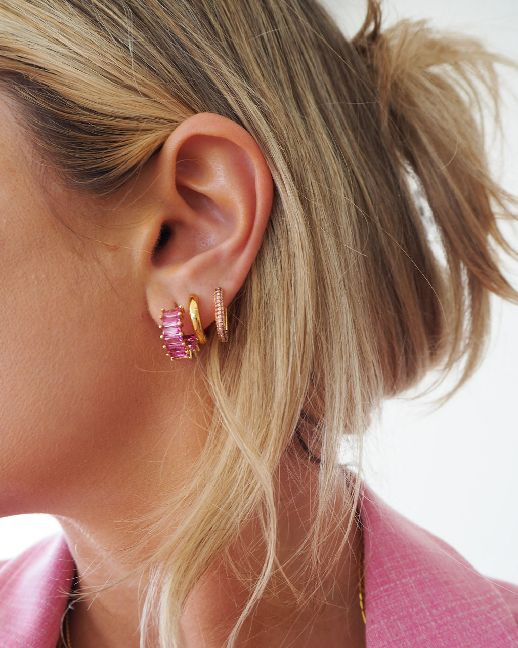 Emerald Ballier Huggies - Pink - Silver - Earrings — another angle