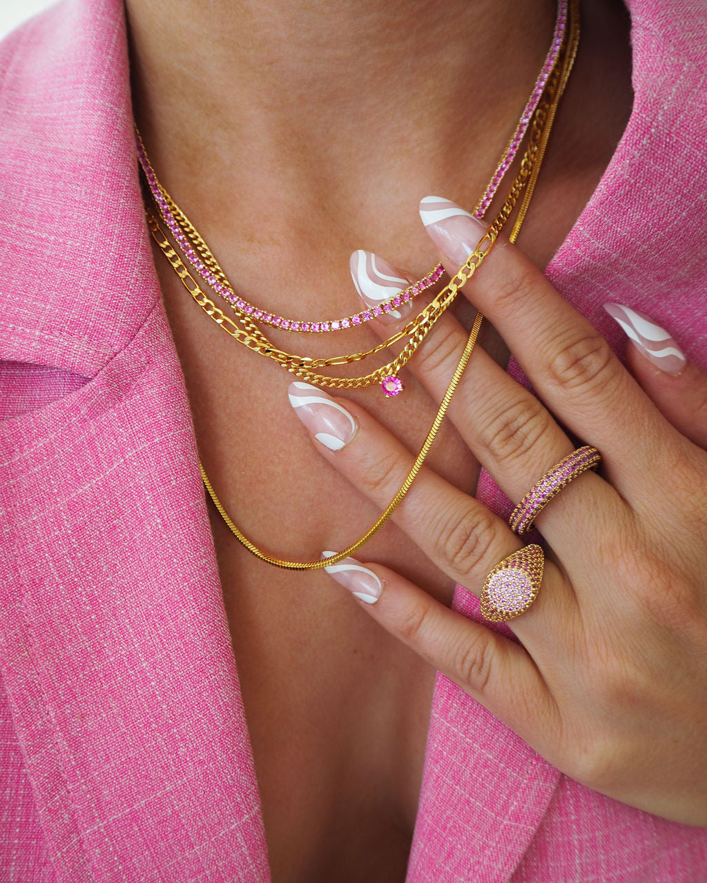 Bardot Stud Necklace - Pink - Gold — another angle