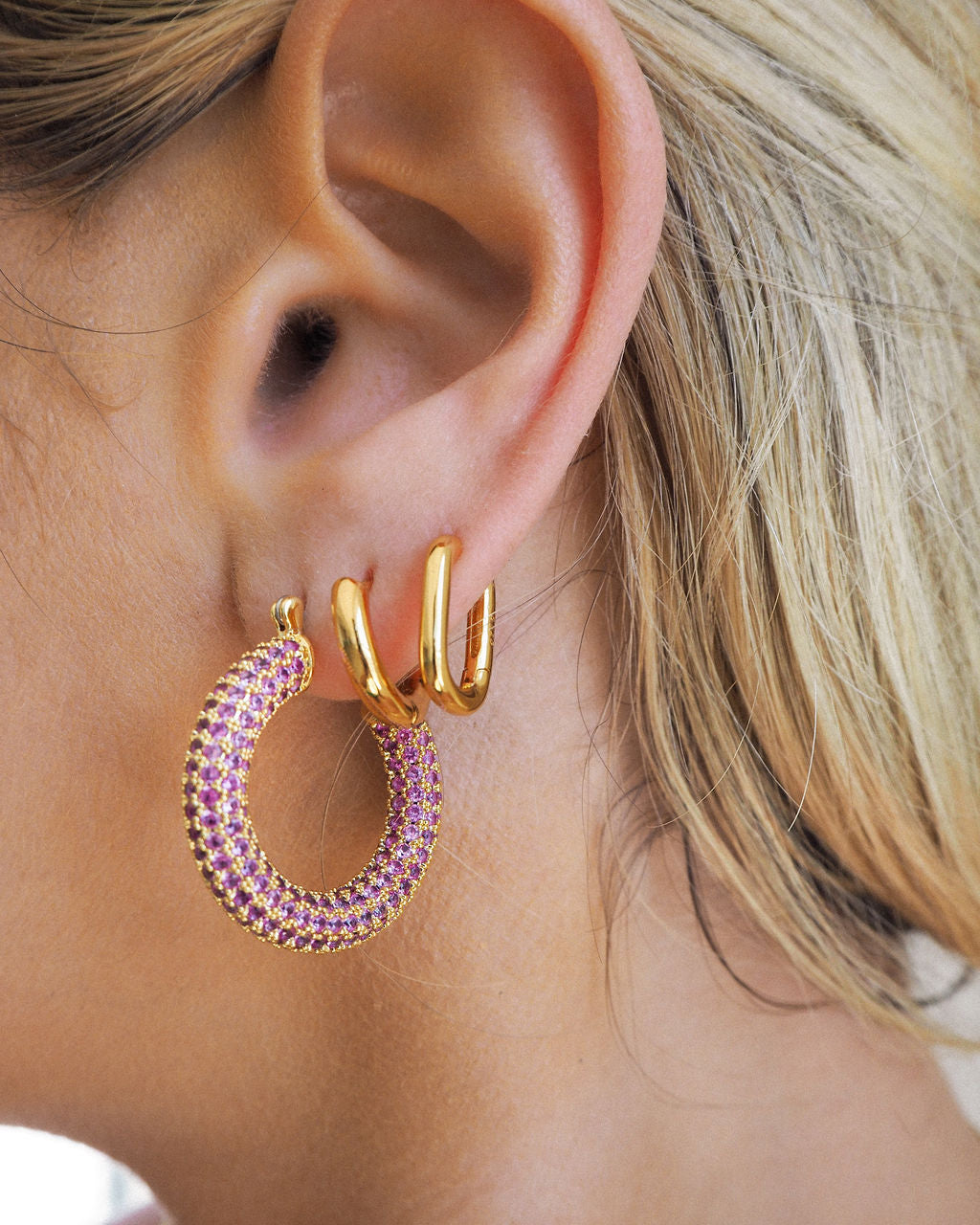 Pavé Baby Amalfi Hoops - Pink - Gold — alternate view