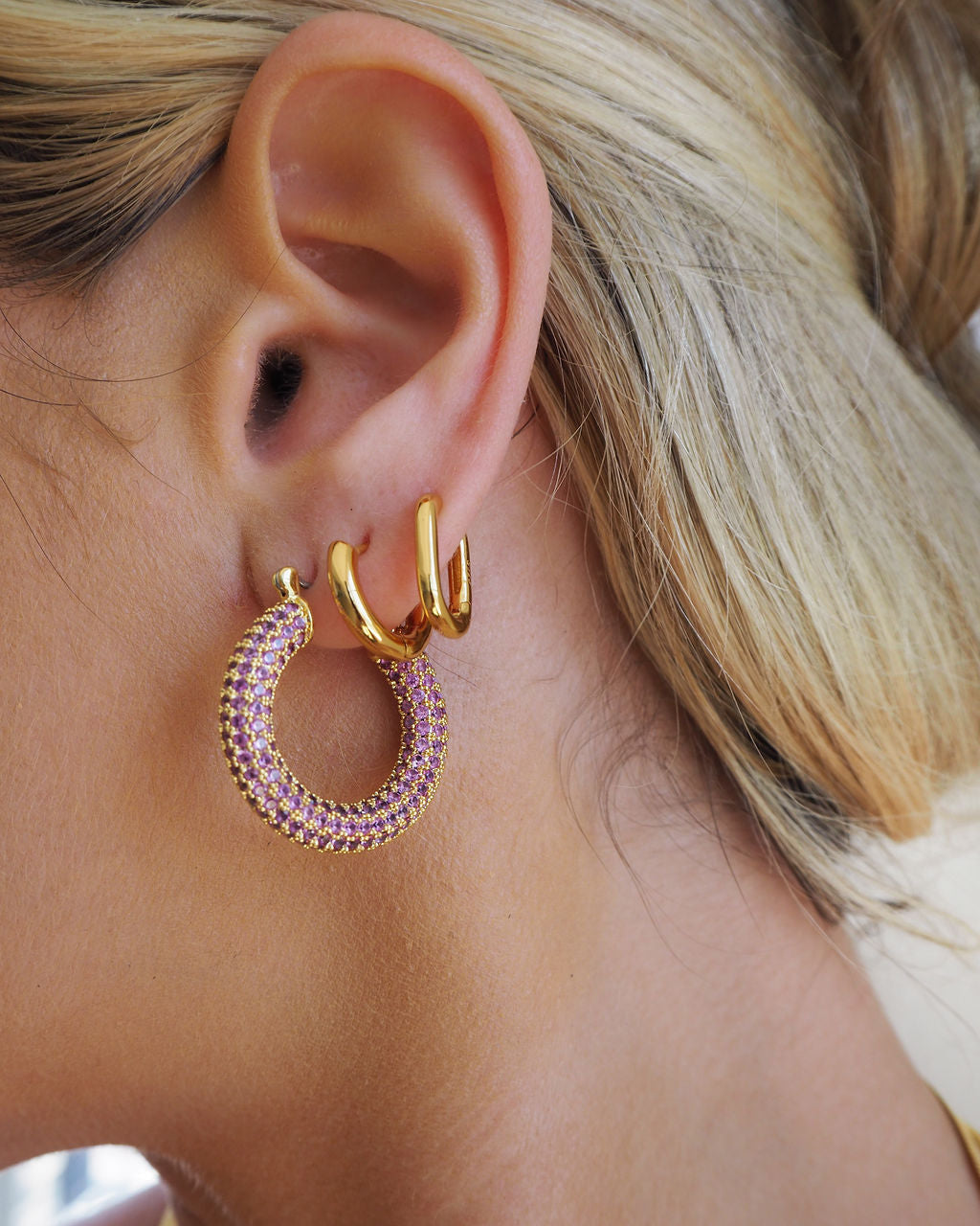 Pavé Baby Amalfi Hoops - Pink - Silver — alternate view