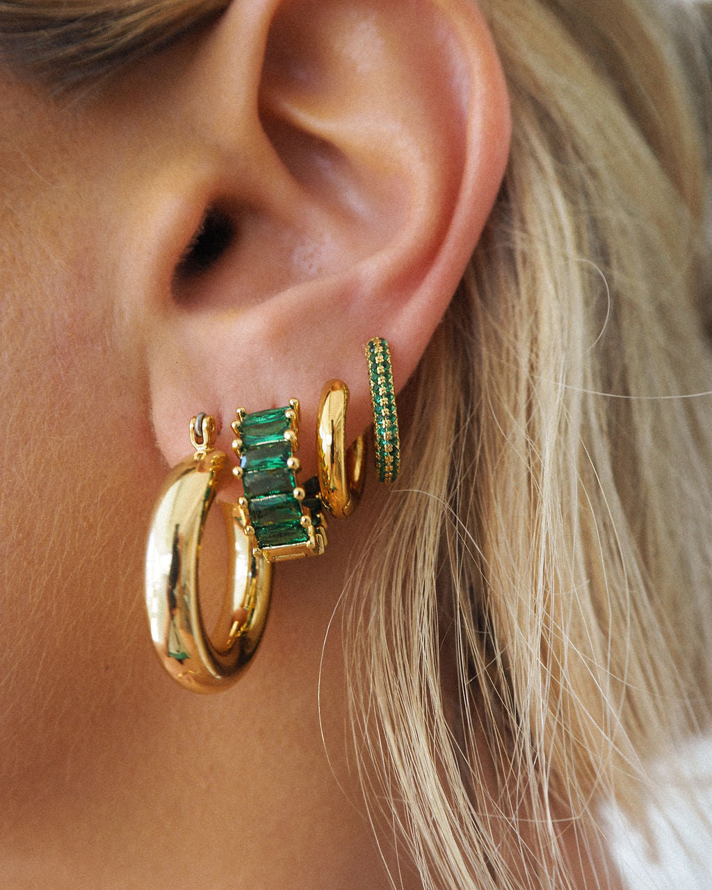 Emerald Ballier Huggies - Emerald Green - Gold - Earrings — alternate view