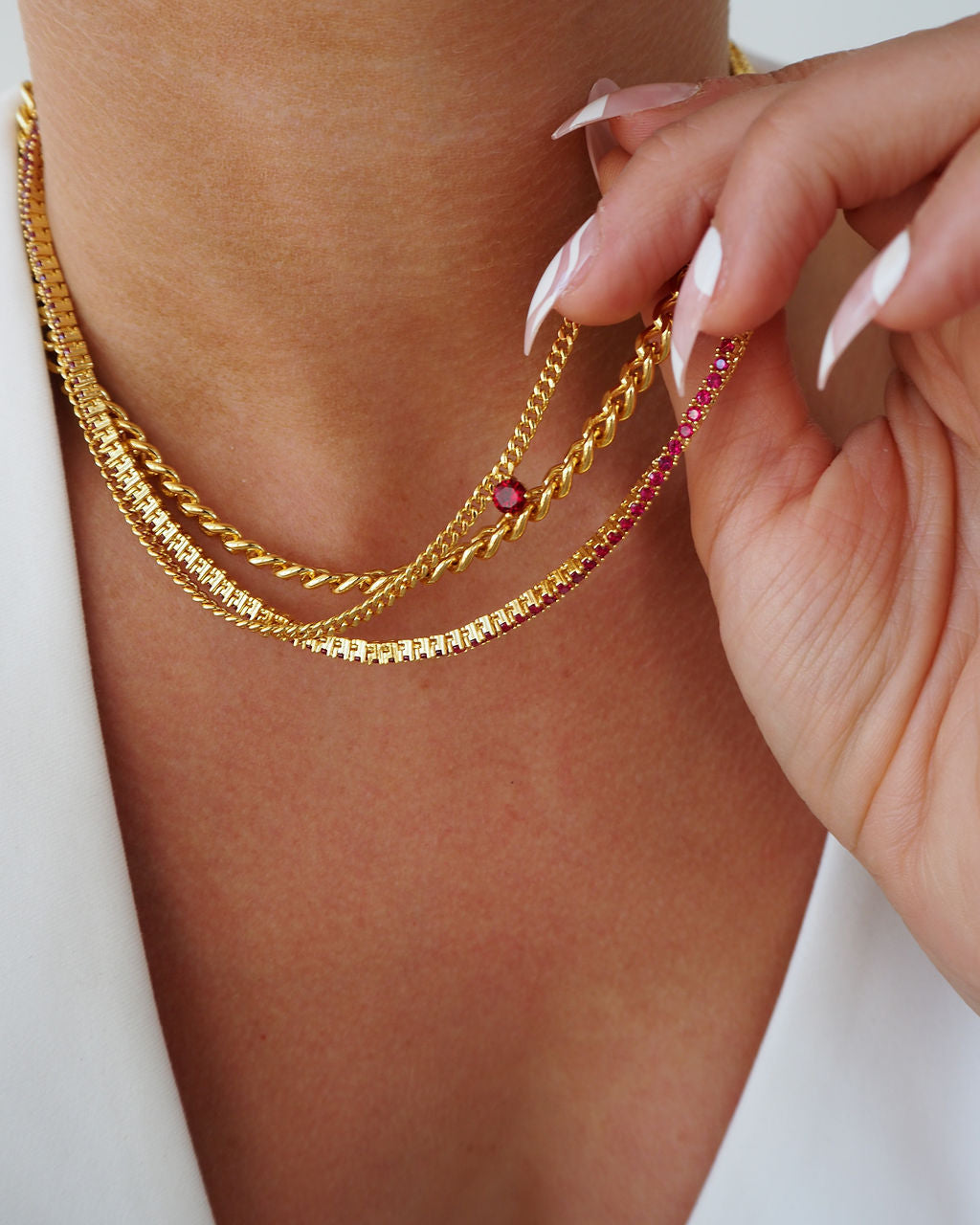 Bardot Stud Necklace - Ruby Red - Gold — another angle