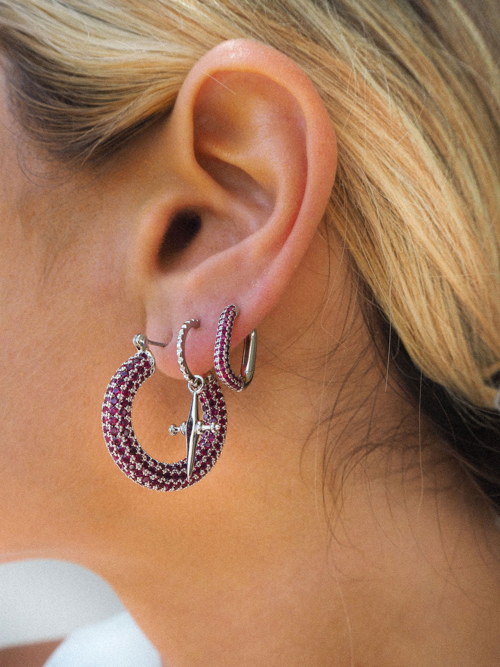 Pavé Baby Amalfi Hoops - Ruby Red - Gold — alternate view