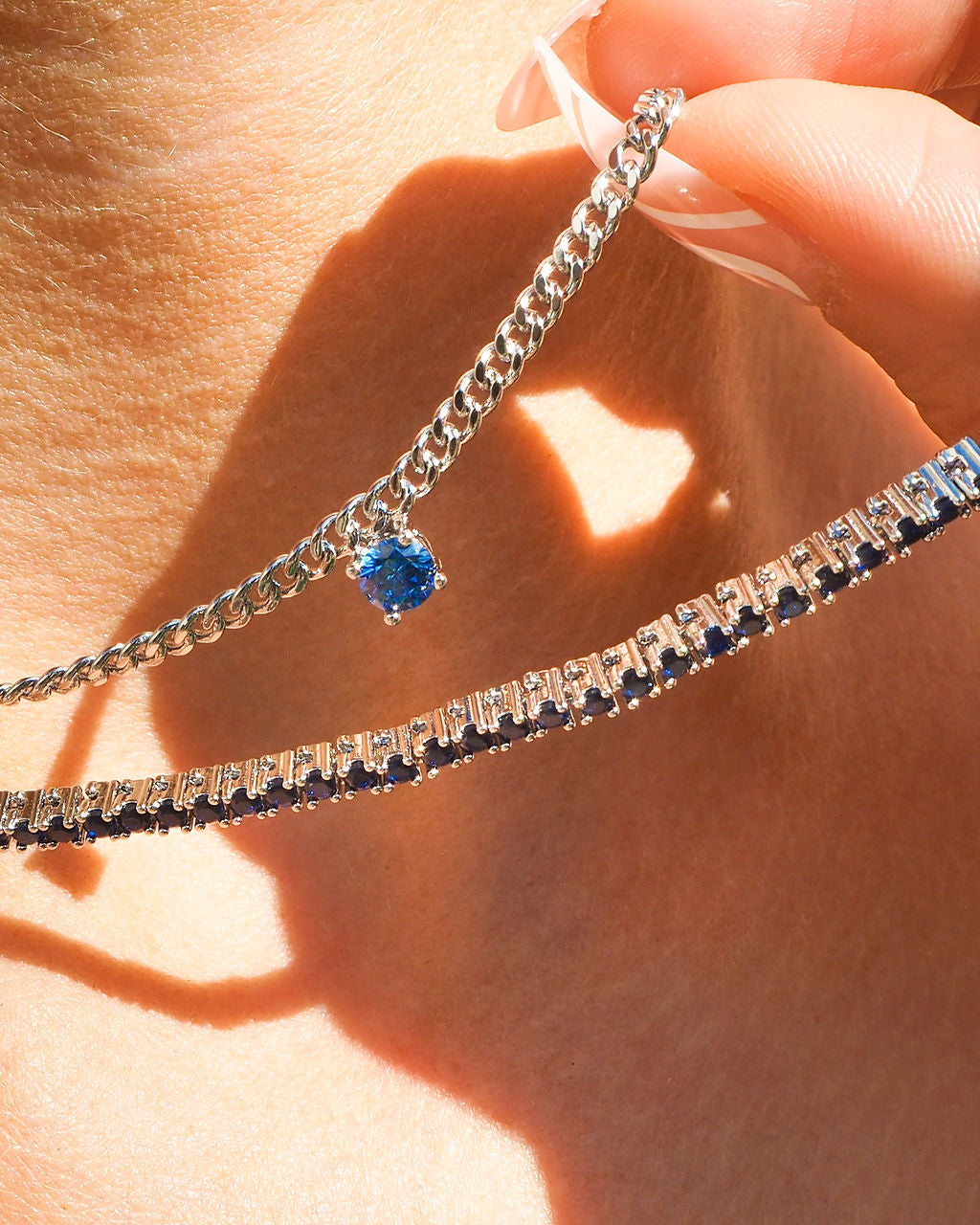 Bardot Stud Necklace - Blue Sapphire - Silver — detail view