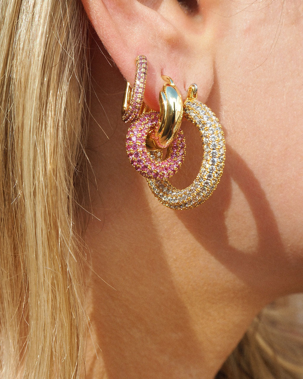 Pavé Interlock Hoops - Pink - Gold — alternate view