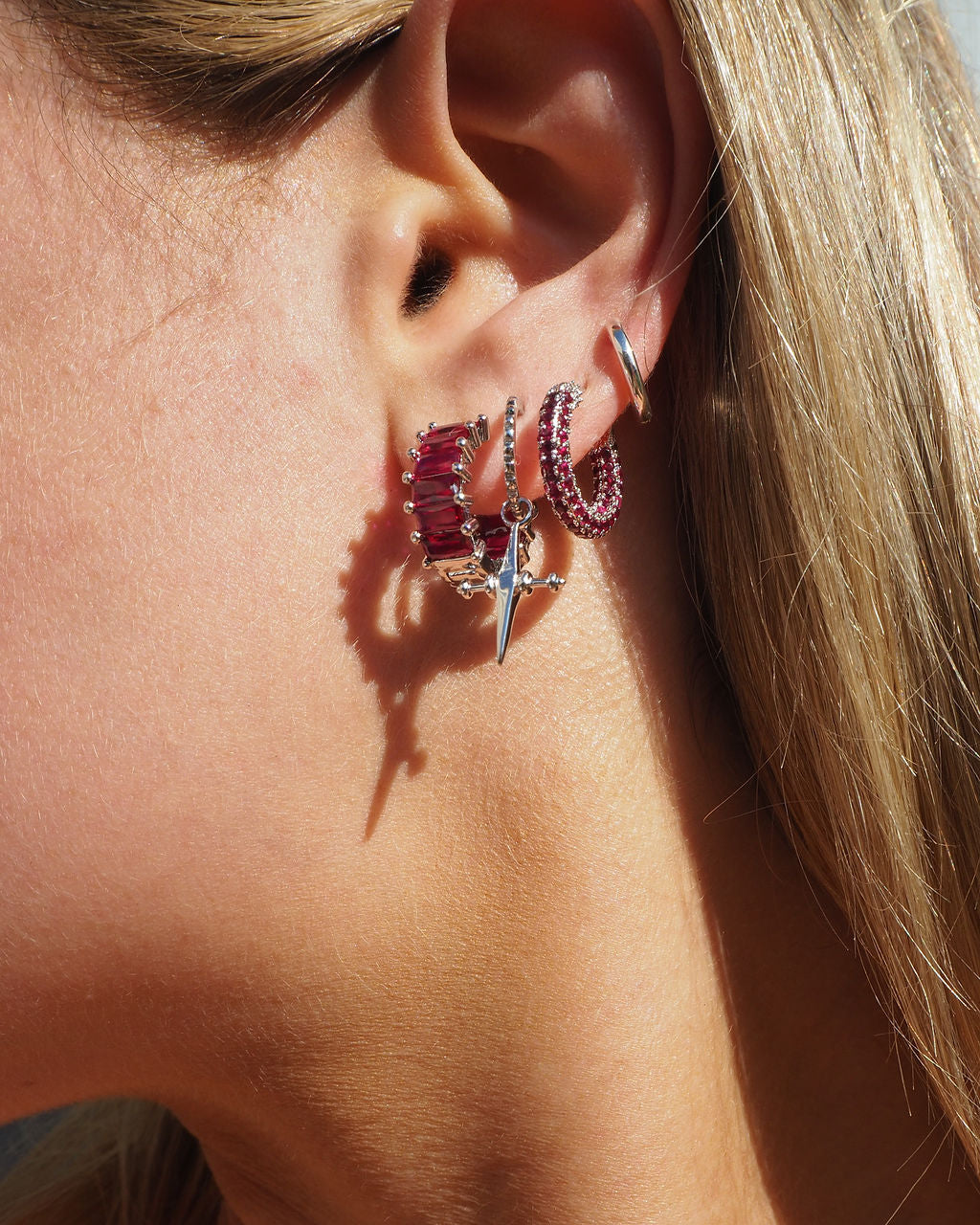 Emerald Ballier Huggies - Ruby Red - Silver - Earrings — another angle