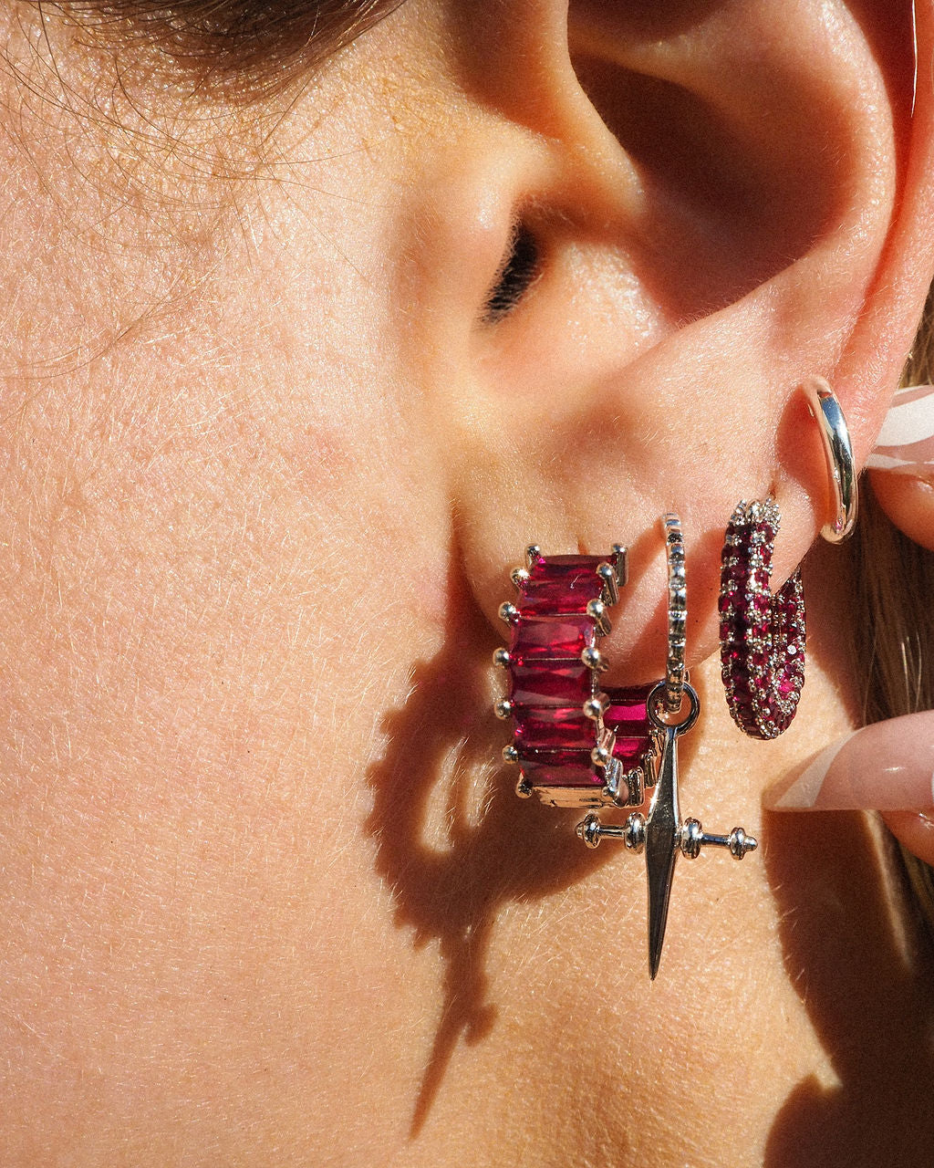 Pavé Amalfi Huggies - Ruby Red - Silver - Hoops — alternate view