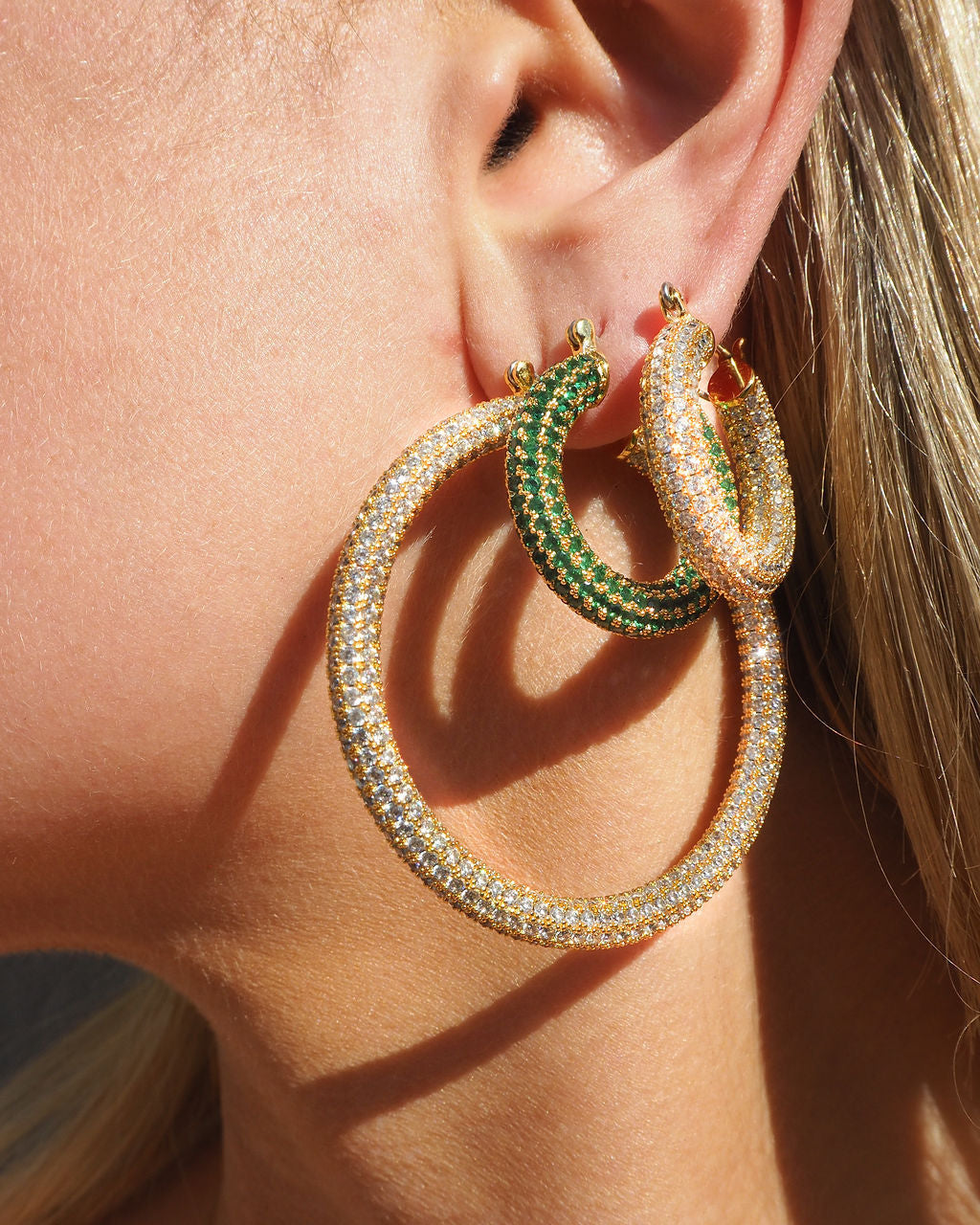 Pavé Baby Amalfi Hoops - Emerald Green - Gold — alternate angle