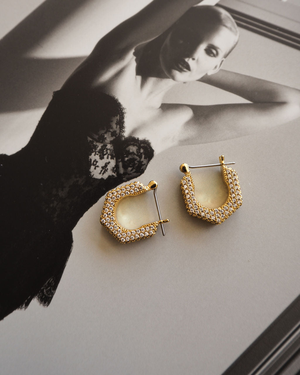 Pavé Hex Bolt Huggies - Gold - Earrings — alternate view