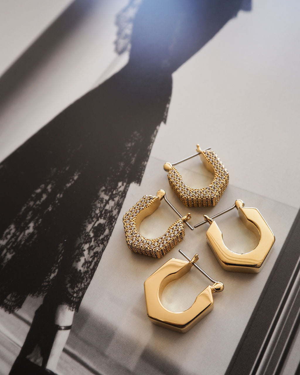 Pavé Hex Bolt Huggies - Gold - Earrings — alternate view 2
