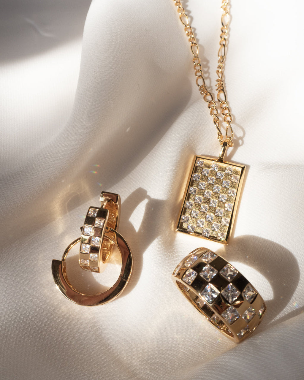 Checkerboard Pavé Hoops - Gold — alternate angle