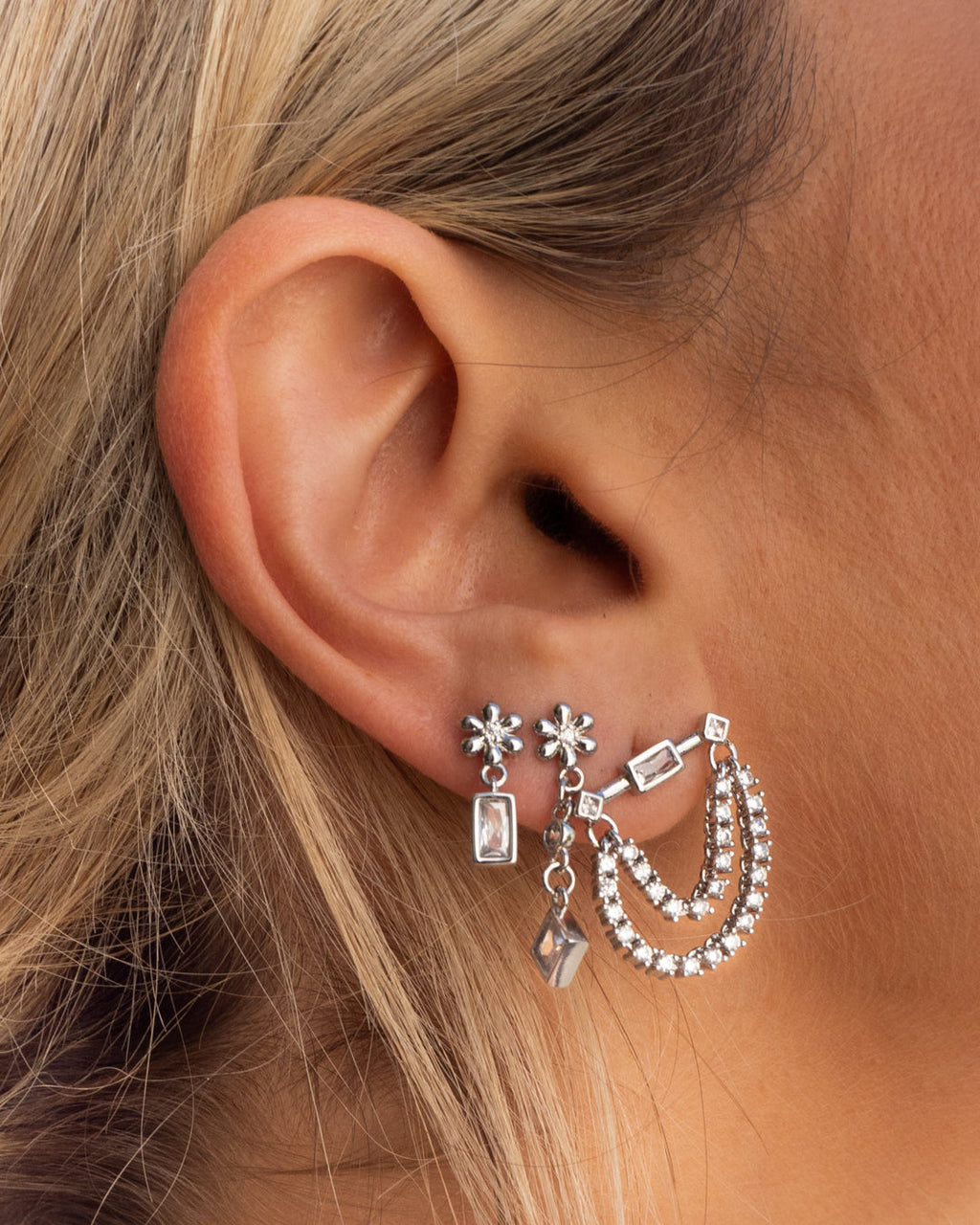 Baguette Hanging Chain Studs - Silver — alternate view