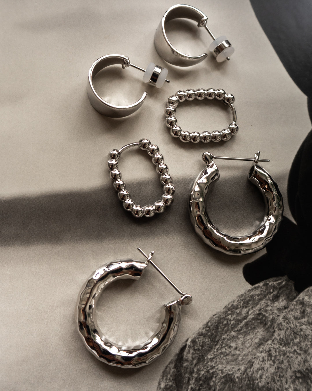 Beaded Chain Link Huggies - Silver — alternate angle