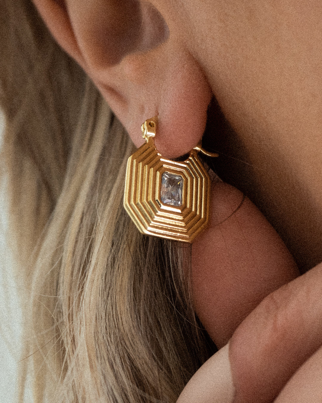 Ridged Pyramid Pendant Earrings - Gold — another angle