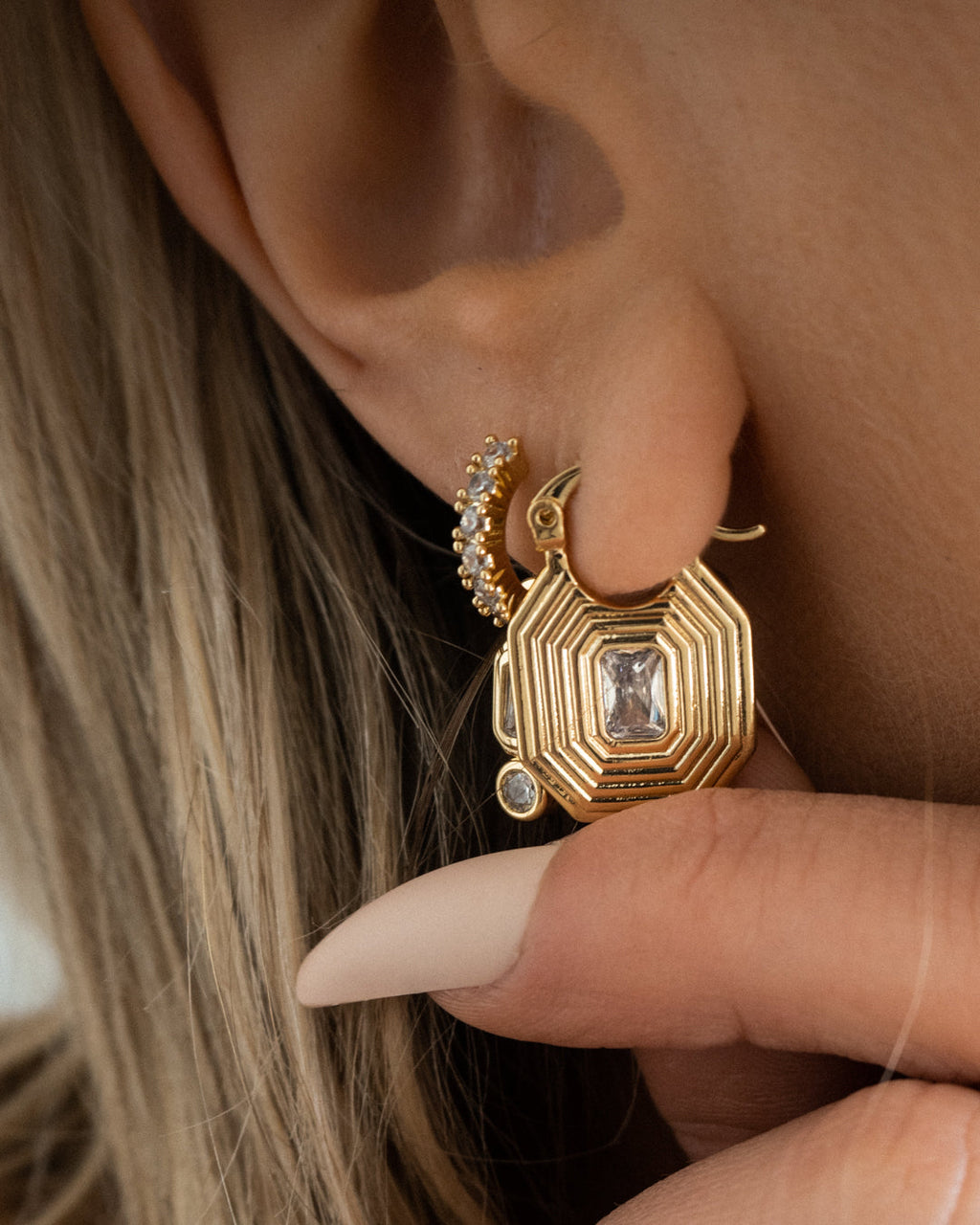 Ridged Pyramid Pendant Earrings - Gold — alternate view