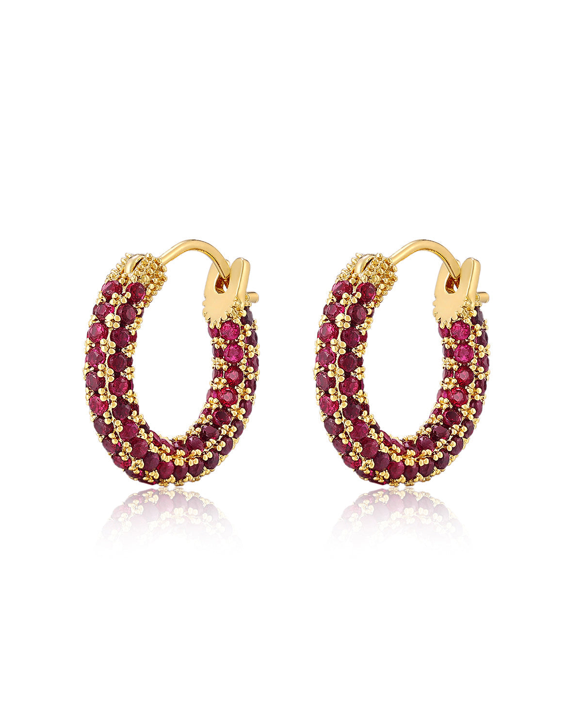 Pavé Amalfi Huggies - Ruby Red - Gold - Hoops
