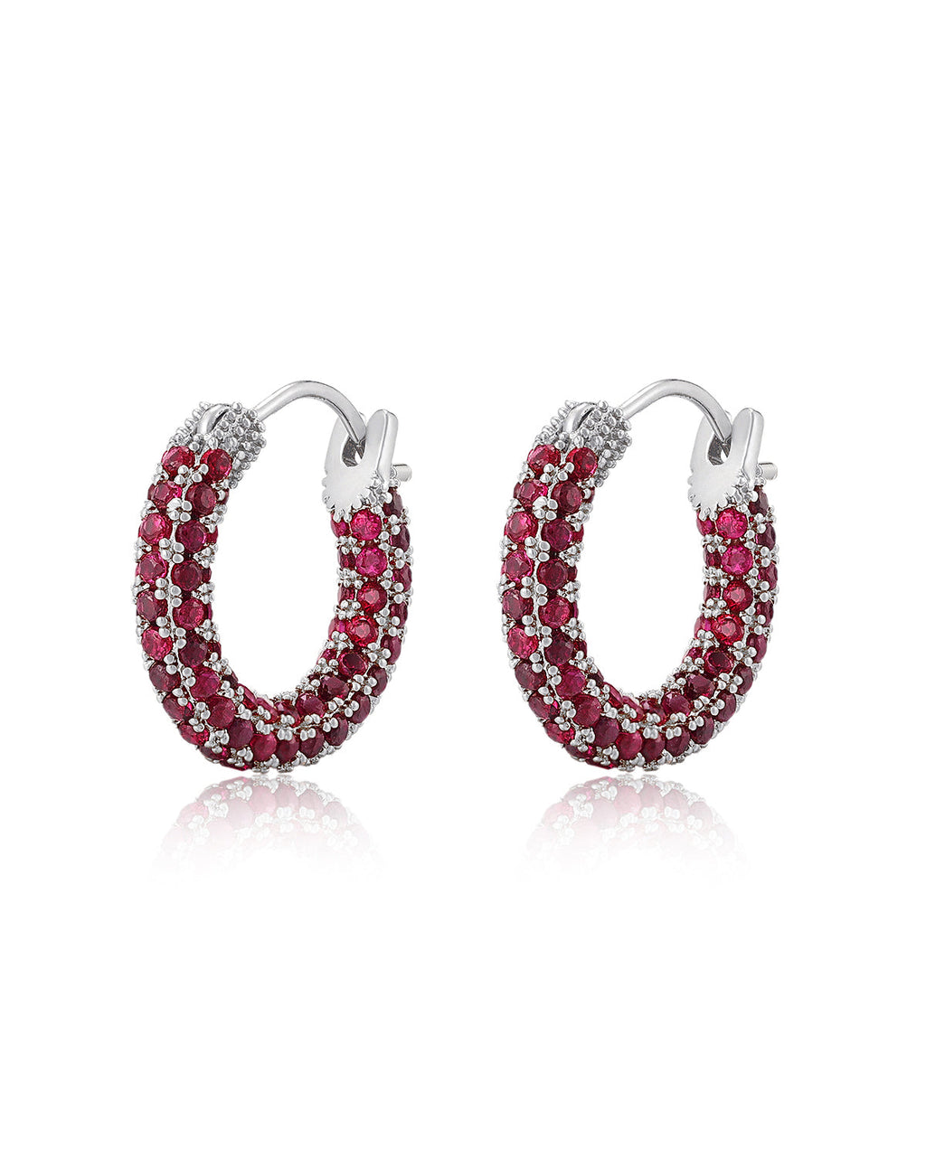 Pavé Amalfi Huggies - Ruby Red - Silver - Hoops
