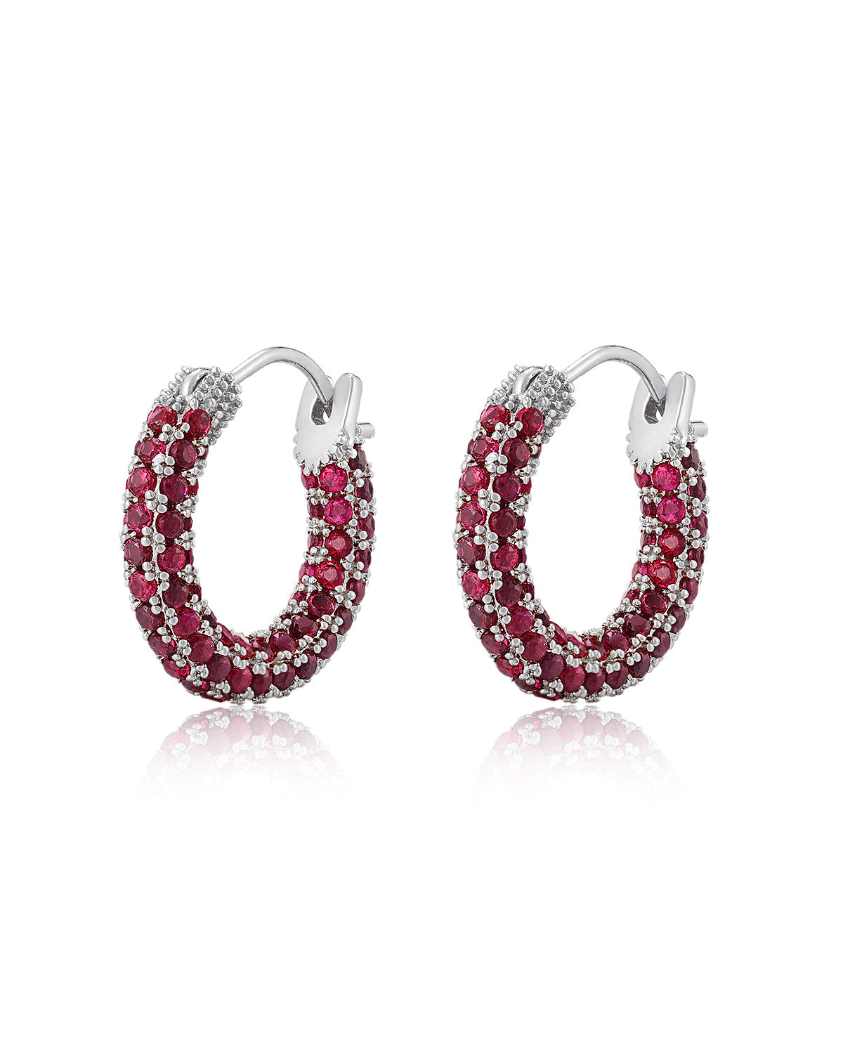 Pavé Amalfi Huggies - Ruby Red - Silver - Hoops
