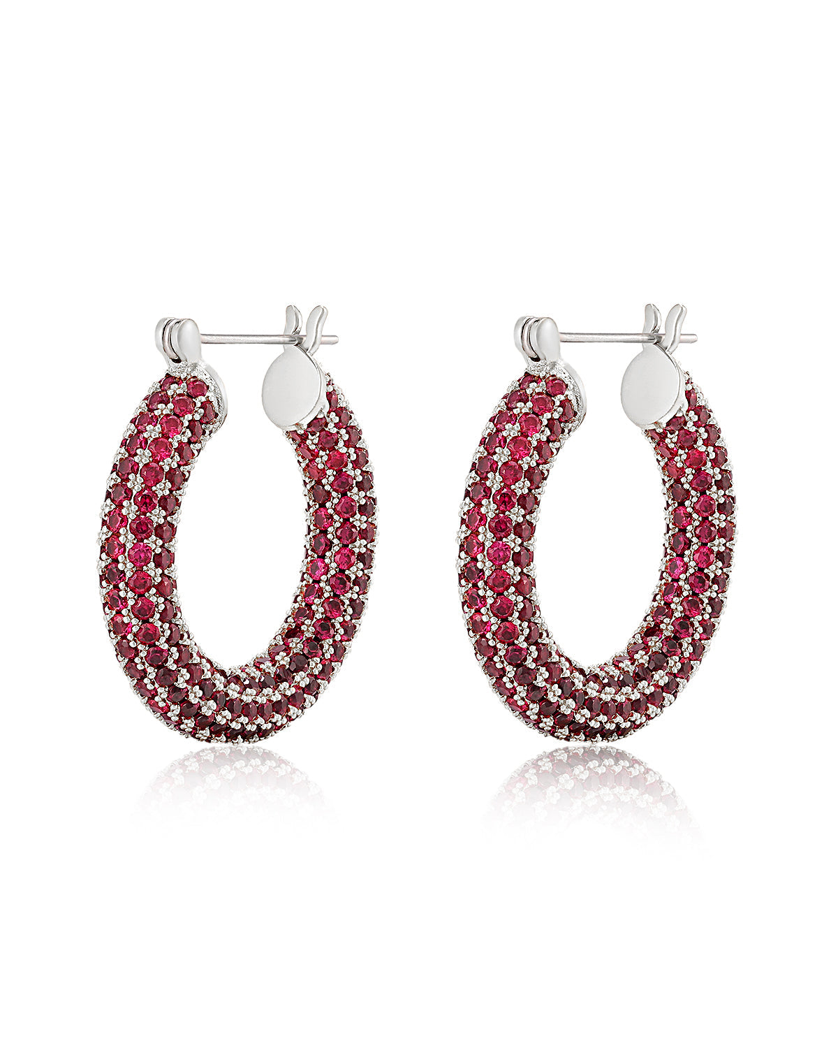 Pavé Baby Amalfi Hoops - Ruby Red - Silver
