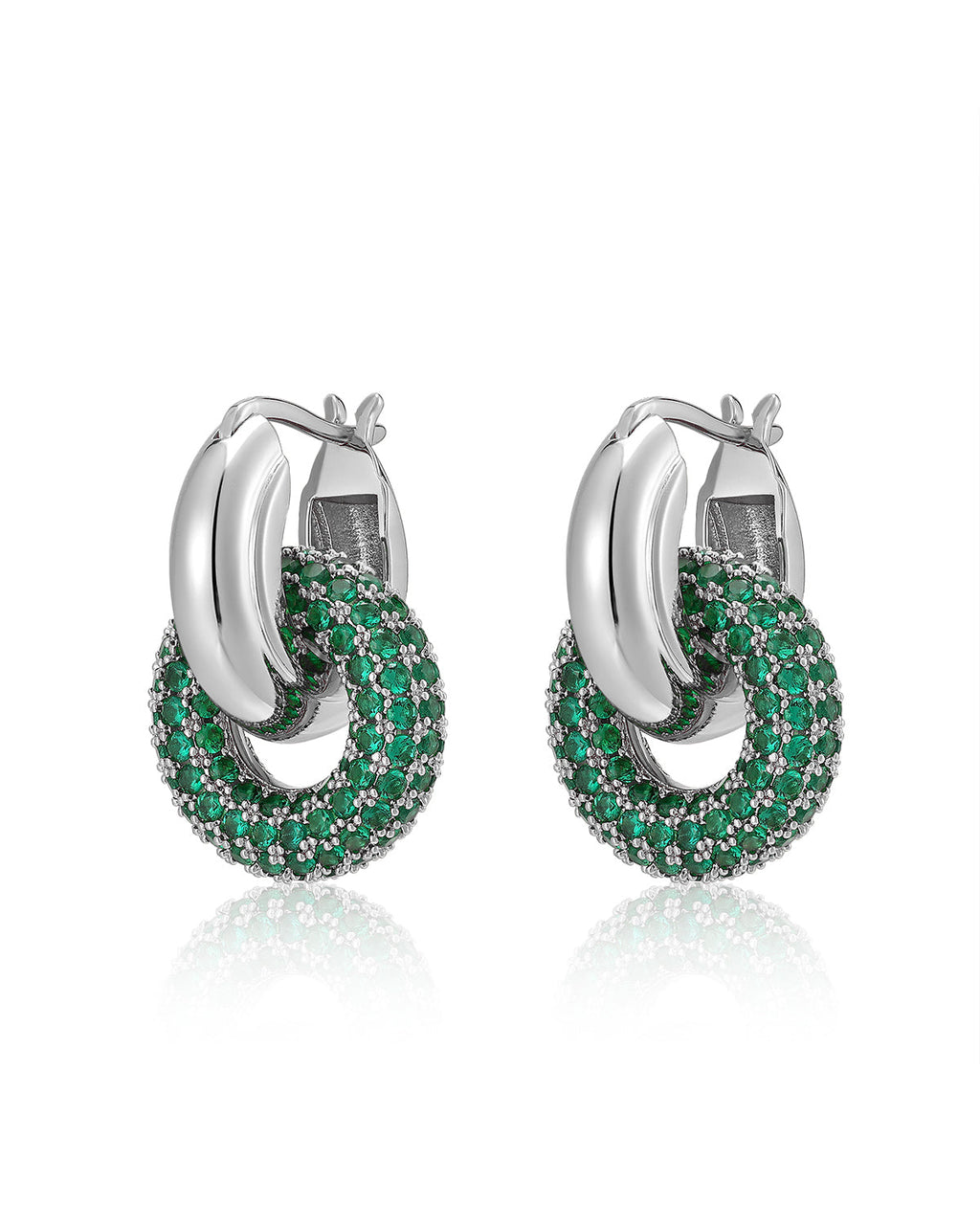 Pavé Interlock Hoops - Emerald Green - Silver