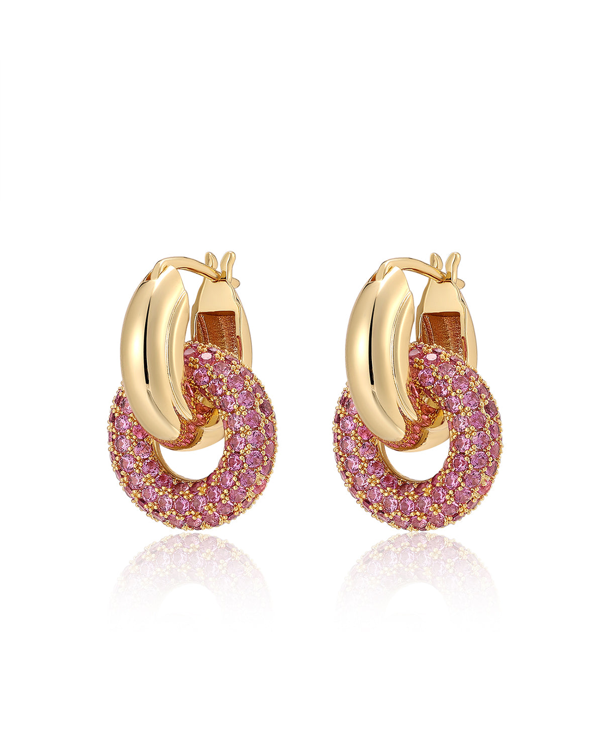 Pavé Interlock Hoops - Pink - Gold