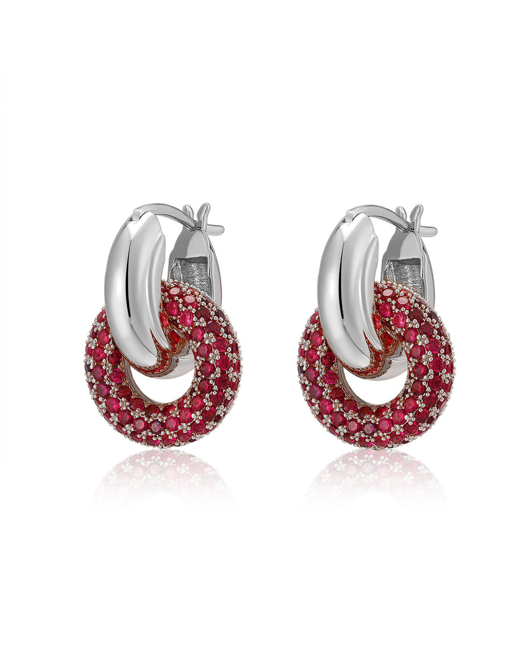 Pavé Interlock Hoops - Ruby Red - Silver