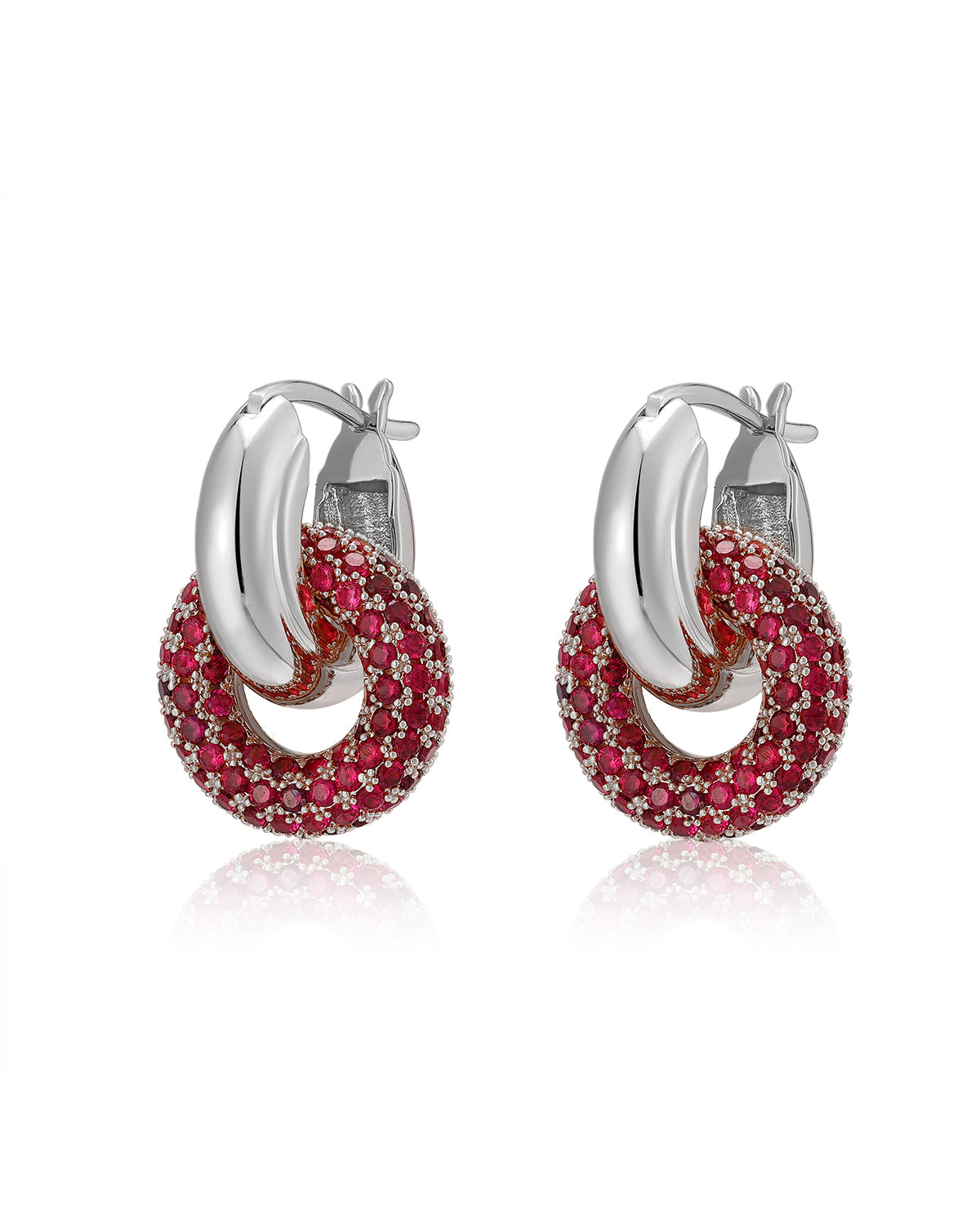 Pavé Interlock Hoops - Ruby Red - Silver
