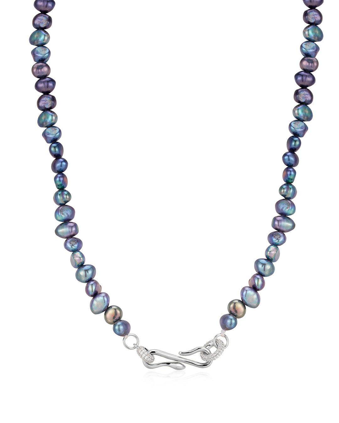 Pavé Hook Pearl Necklace in Silver — alternate view