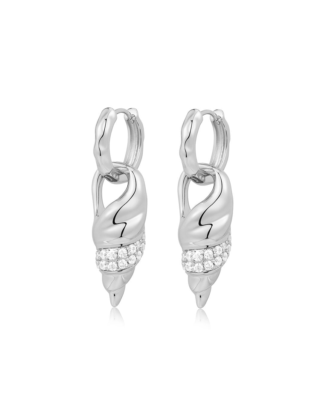 Seashell Charm Hoops in Silver — another angle