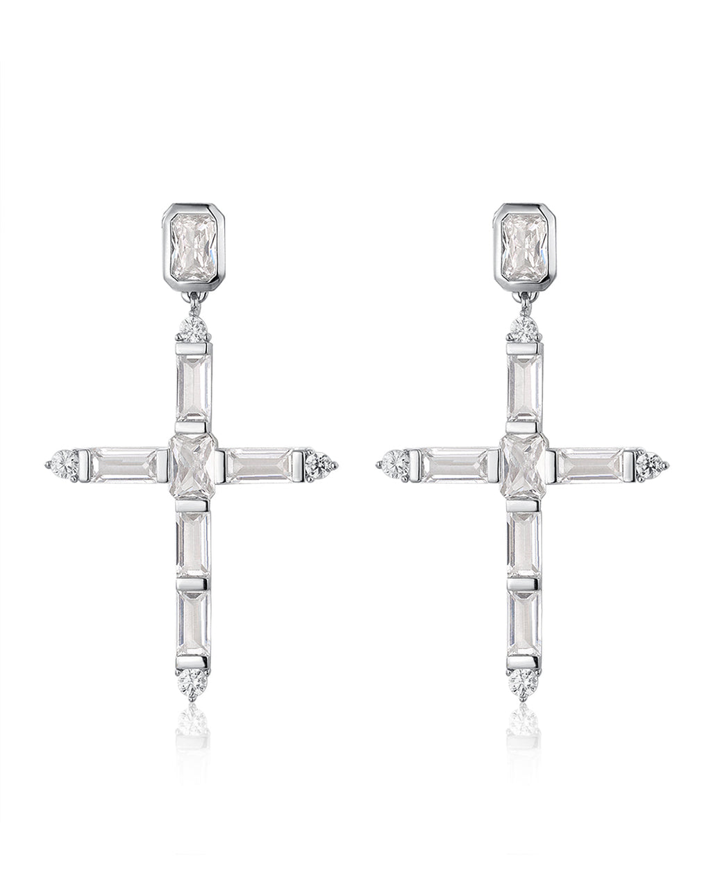 Baguette Cross Earrings - Silver