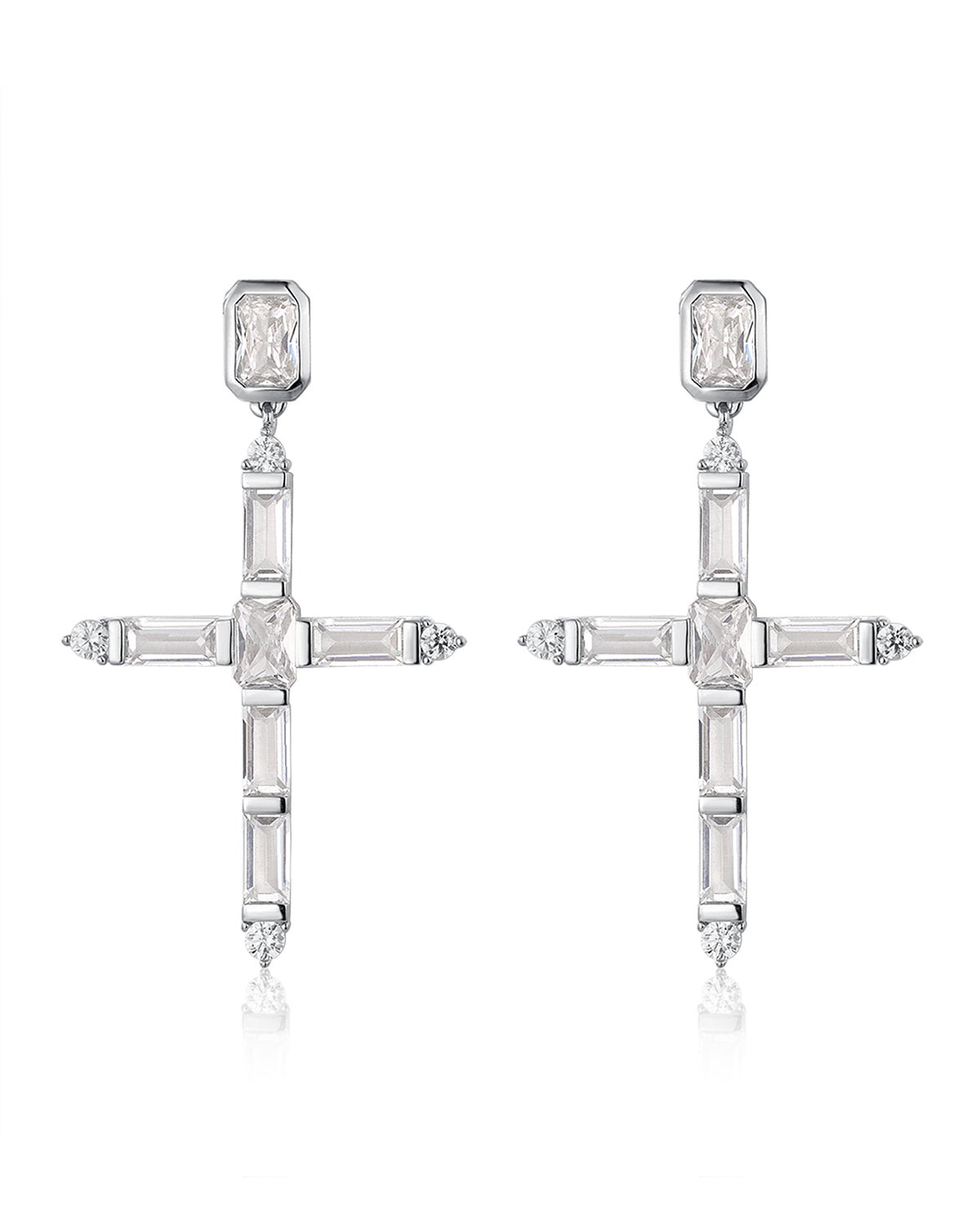Baguette Cross Earrings - Silver