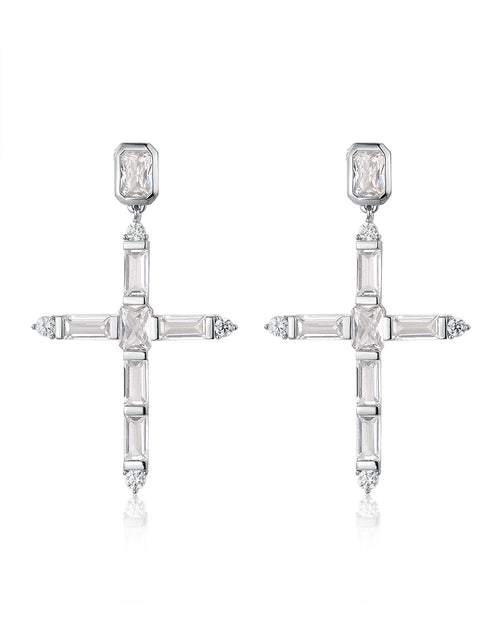 Baguette Cross Earrings - Silver