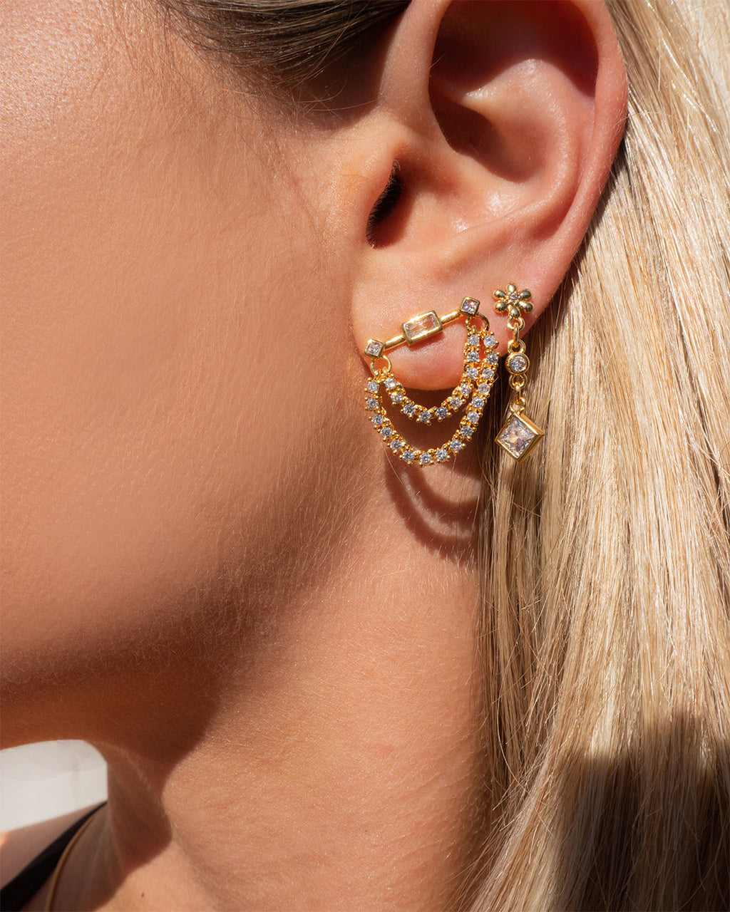 Baguette Hanging Chain Studs - Gold — alternate angle