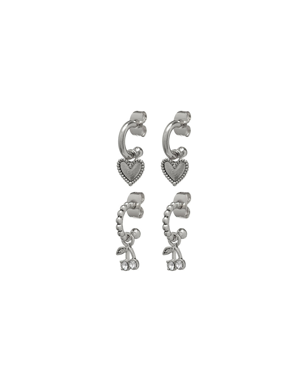 Cherry + Heart Studded Huggies - Silver - Earrings